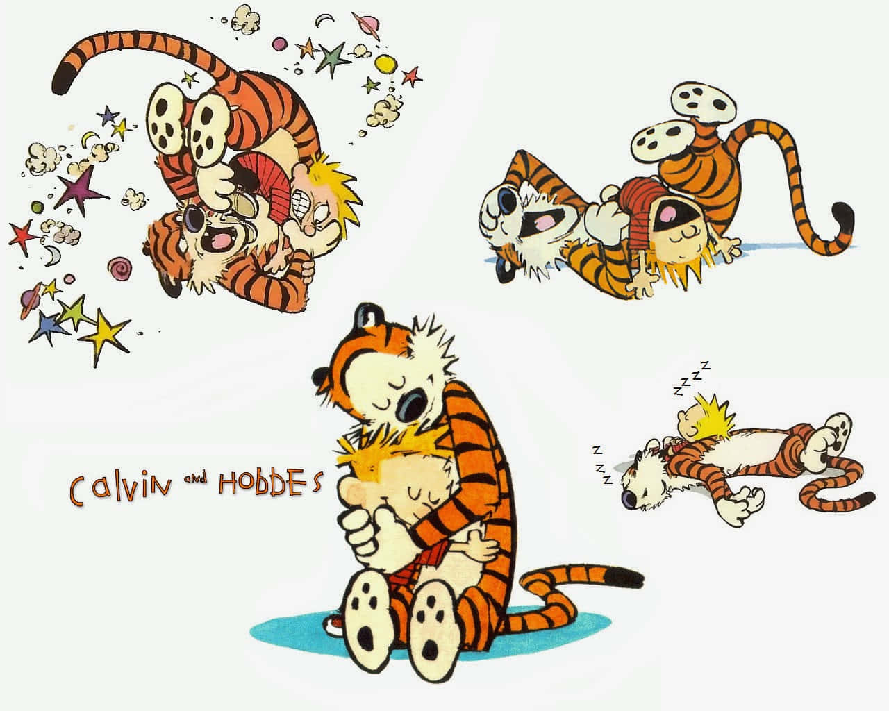 最佳好友Calvin與Hobbes 壁紙 — 卡爾文和霍布斯在普通背景上與星星和雲朵一起玩耍的卡通場景。