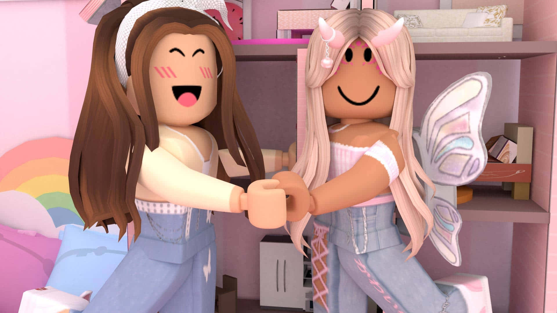 兩個微笑的 Roblox 角色在帶有彩虹裝飾的粉紅色臥室裡擁抱。