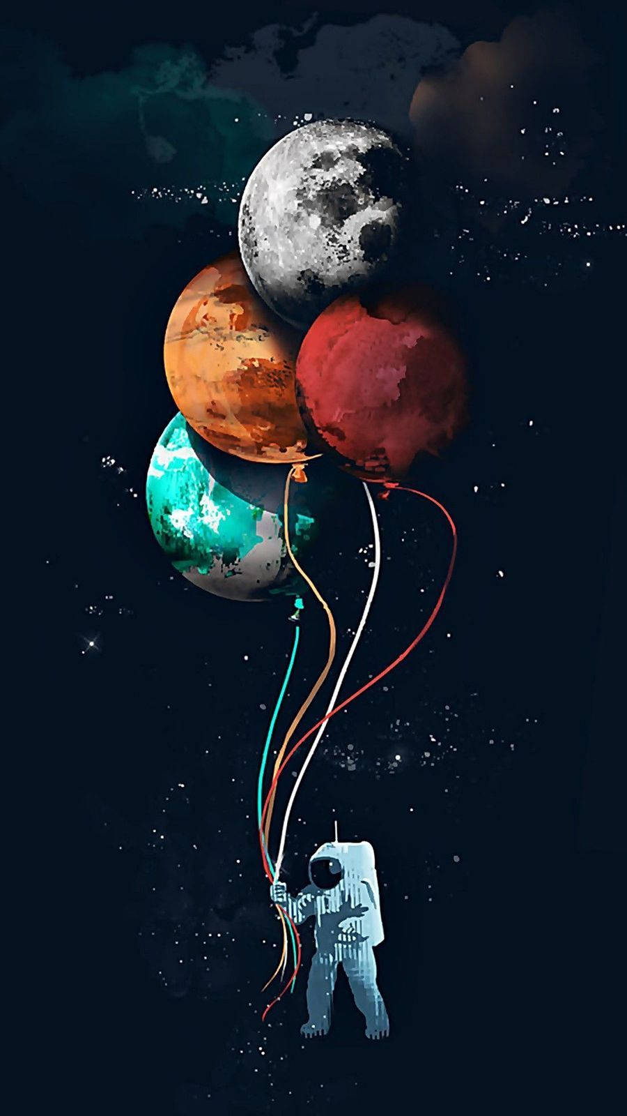 最佳宇航員與行星氣球 壁紙 — 一名太空人在星際宇宙背景下漂浮，手持色彩繽紛的星球形狀氣球。