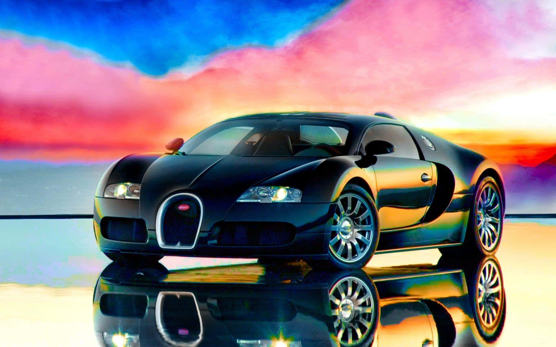 黑色Bugatti超級跑車在濕滑表面上倒映，色彩繽紛的日落。