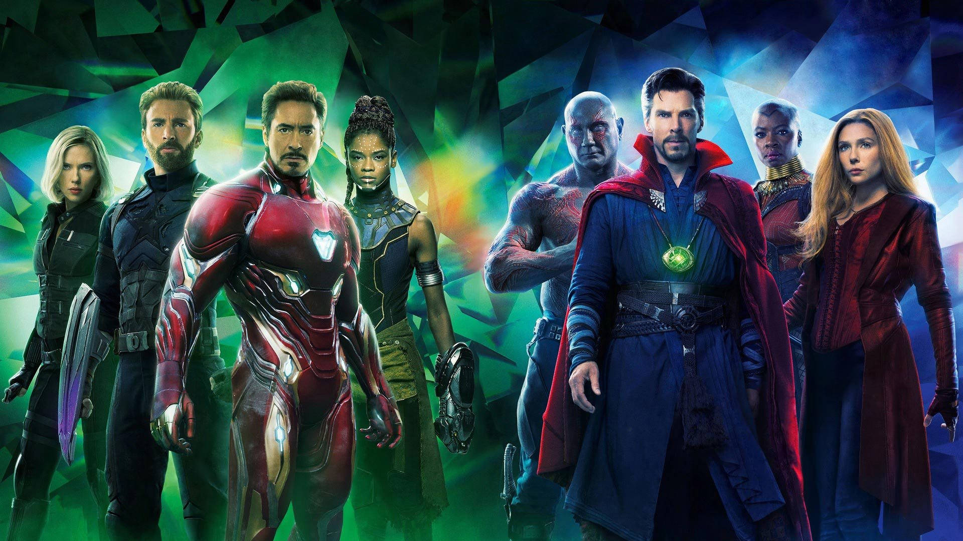 漫威超級英雄穿著鮮豔服裝，在發光的水晶背景下英勇地擺姿勢。