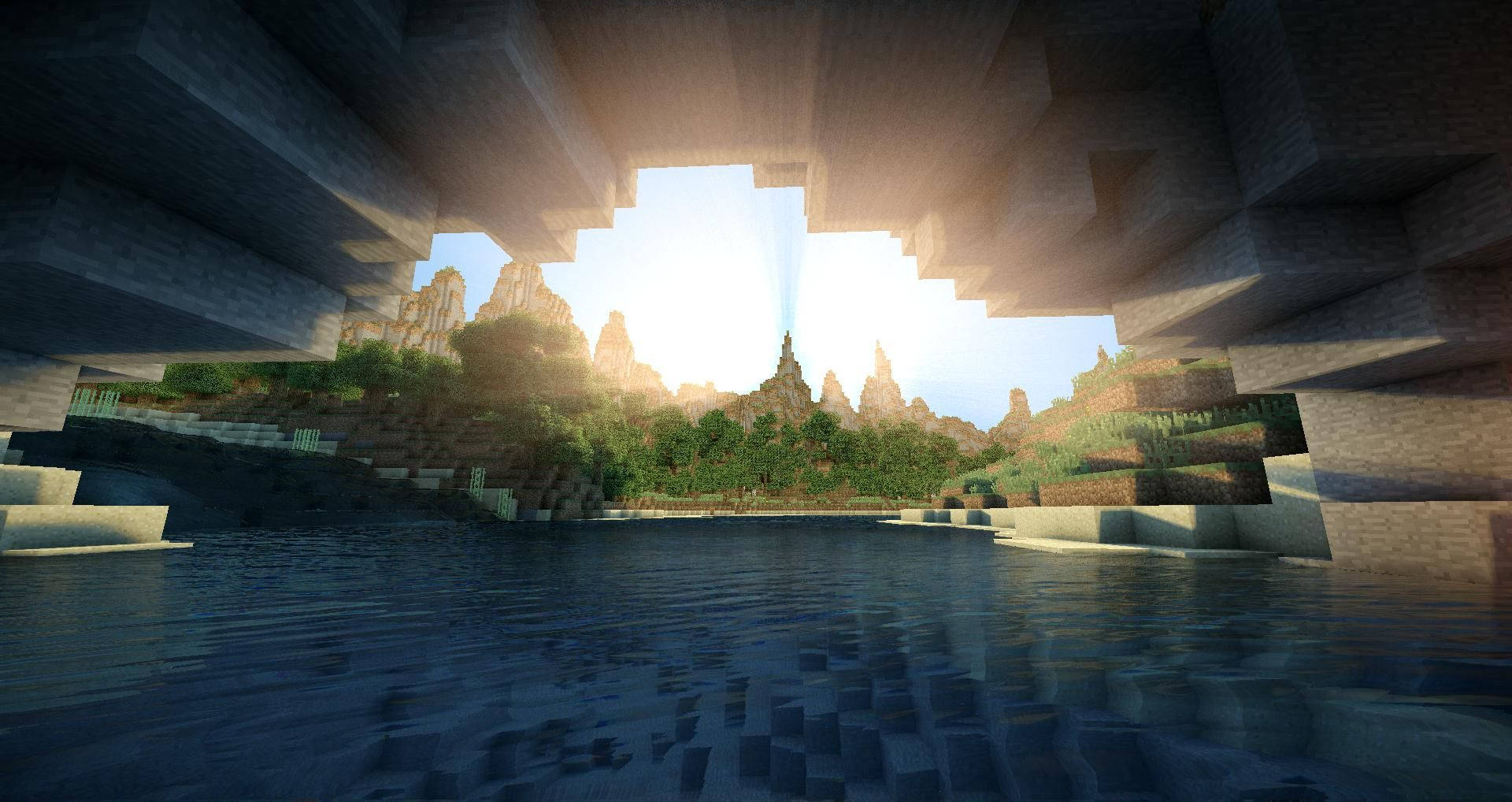 Minecraft 洞穴景觀，陽光照射在水面和山上