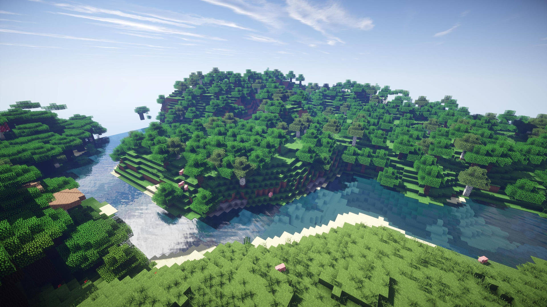 一個方塊狀的Minecraft島嶼，有樹木和河流，在藍天下。