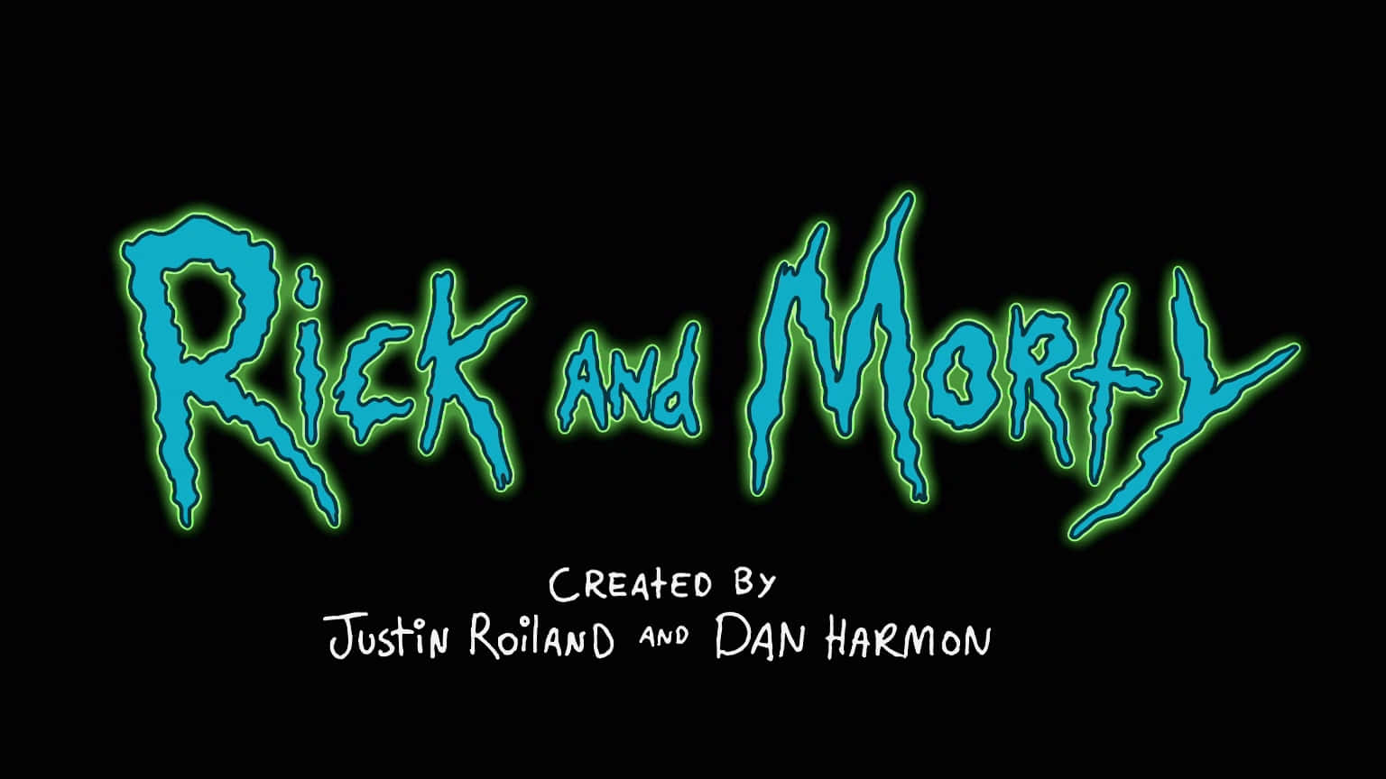 Rick and Morty 動畫節目標題標誌，黑色背景上帶發光青綠色文字。