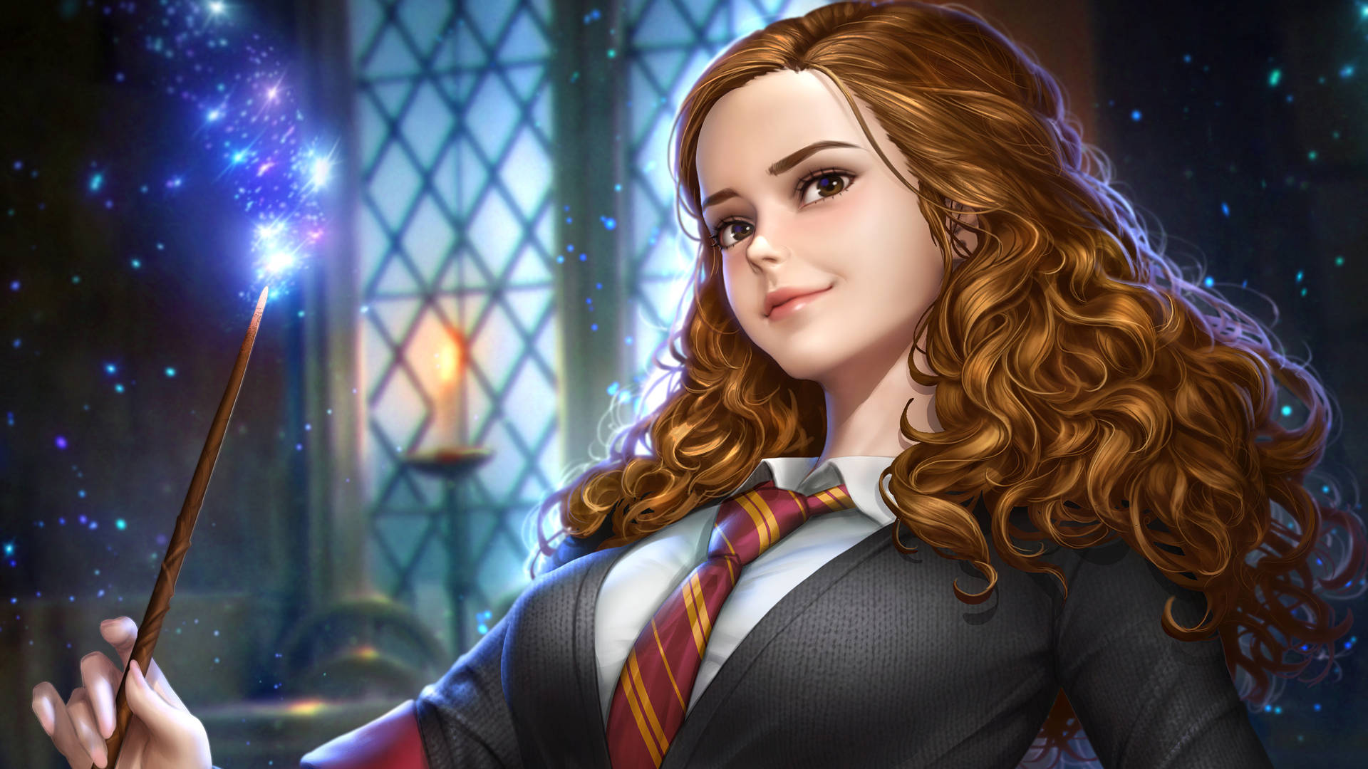 一位穿著校服的年輕女巫在魔法城堡中拿著發光的魔杖。