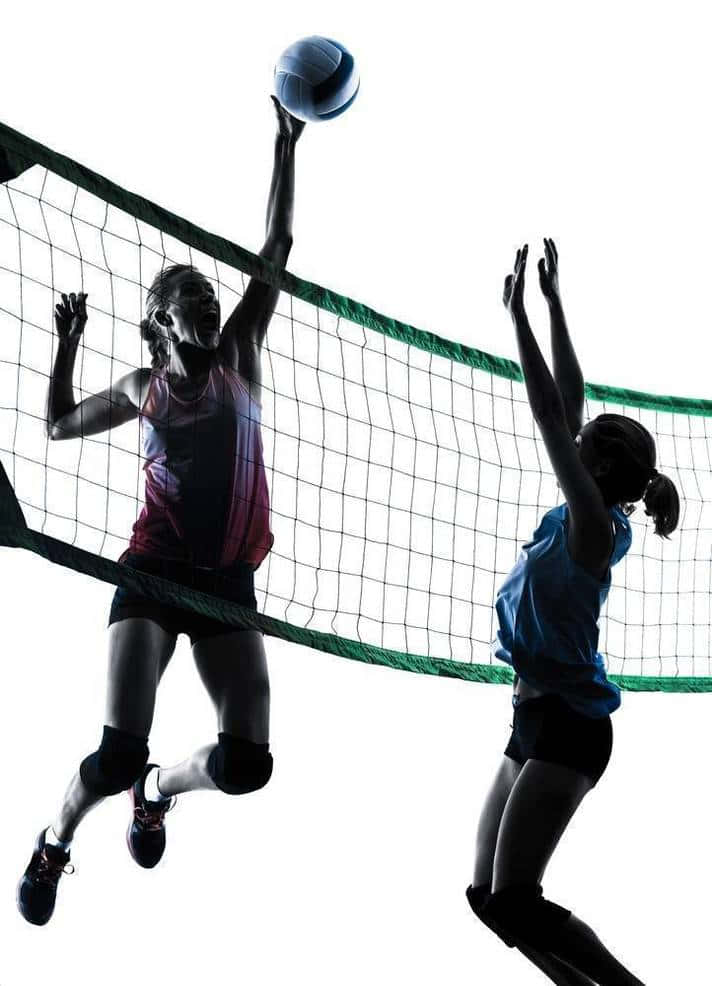 兩名女子排球運動員跳起扣球和攔網。
