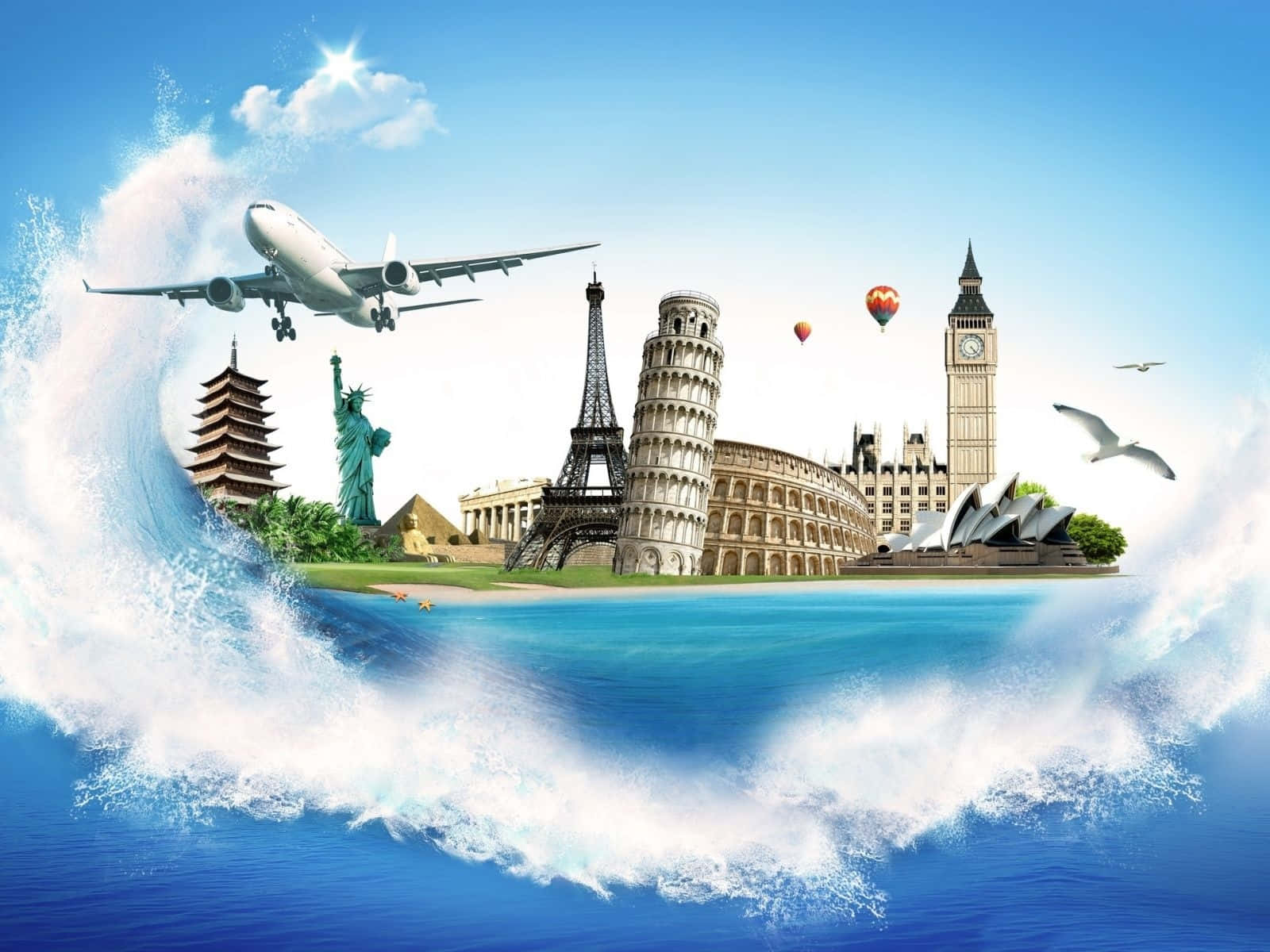 全球地標在晴朗的天空下漂浮在破碎的海浪上。