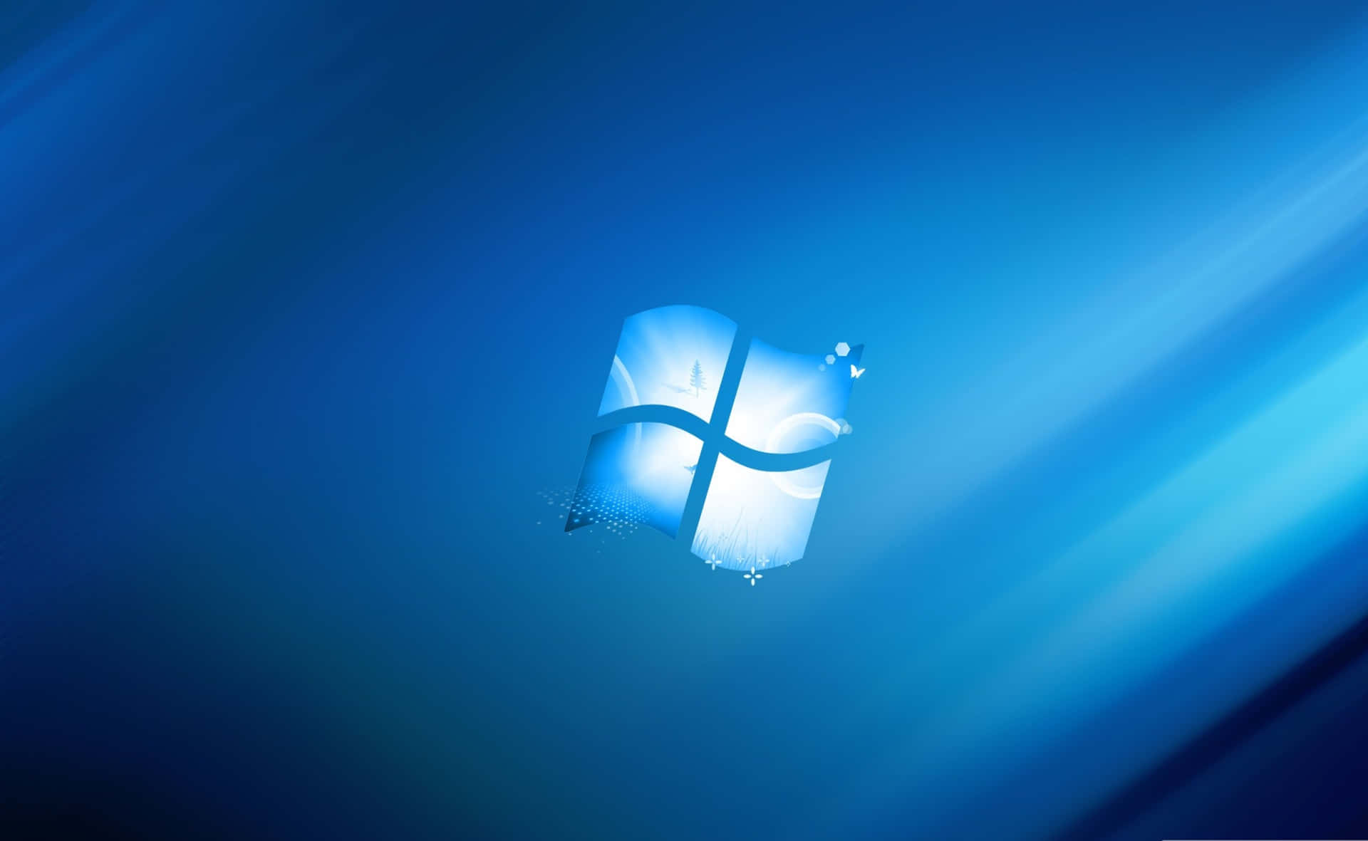 Windows標誌在藍色漸變背景上發光，帶有光線條紋。