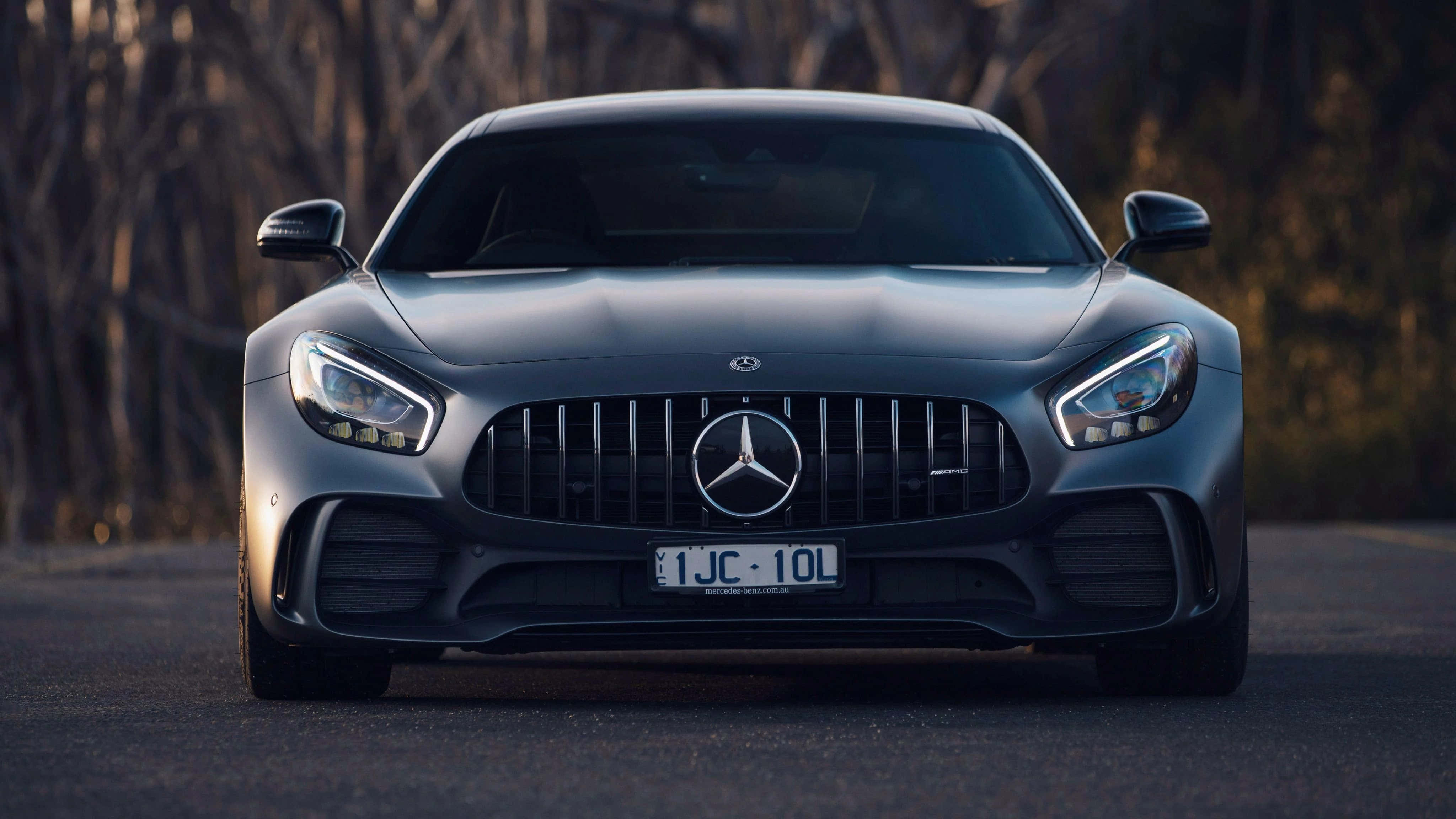 最佳梅賽德斯背景：2018款霧面灰色梅賽德斯-奔馳AMG GT S 壁紙 — 一輛時尚的啞光灰色Mercedes-AMG GT跑車在黃金時段面向前方，背景是光禿禿的樹木。