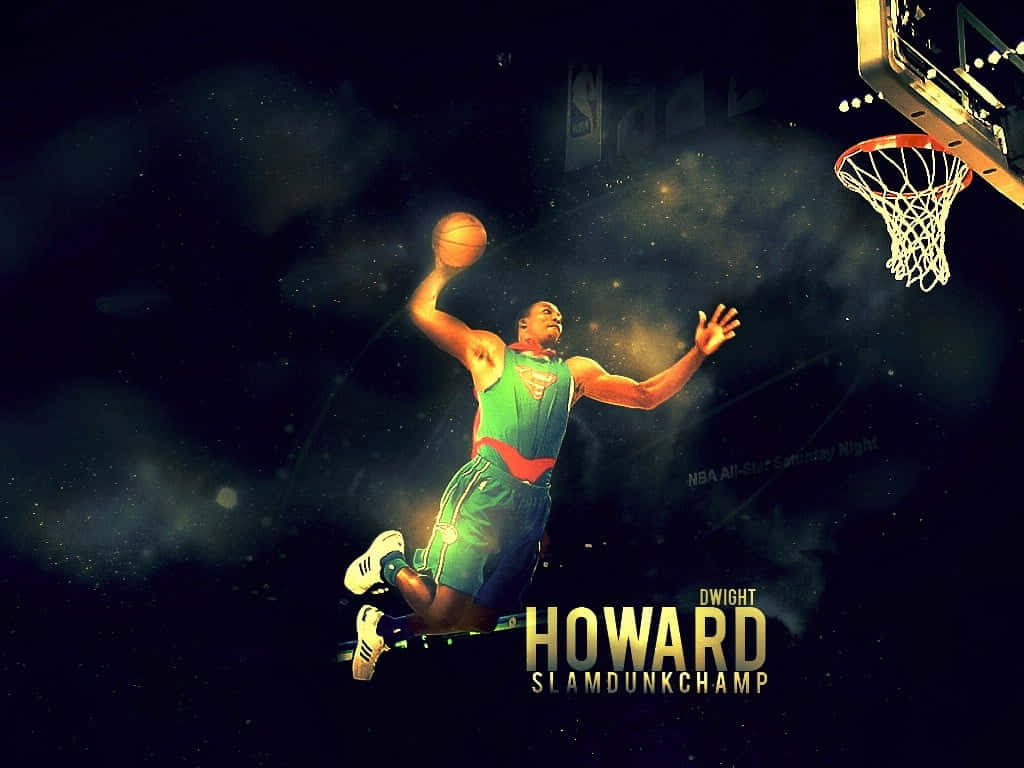 最佳籃球選手德懷特·霍華德背景 壁紙 — Dwight Howard 身穿綠色球衣，在閃爍星星和星雲的宇宙夜空下灌籃。