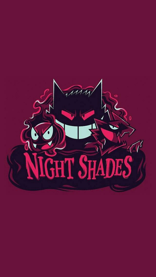 三個帶有發光眼睛和尖牙的卡通怪物圍繞著文字 Night Shades。