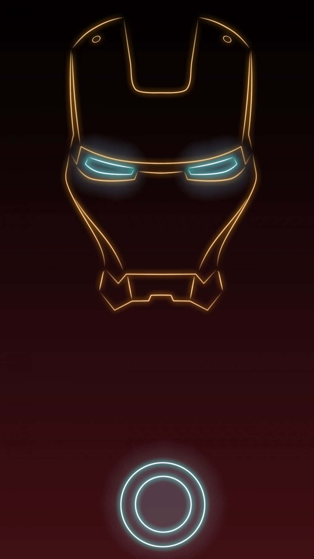 Neon輪廓嘅Iron Man頭盔，有發光眼睛同Repulsor弧，喺暗色背景上。