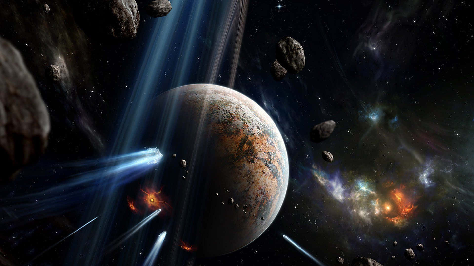 最佳電腦背景：太空藝術 壁紙 — 一個宇宙場景，有一顆岩石行星被小行星和帶有光條的發光星雲包圍。