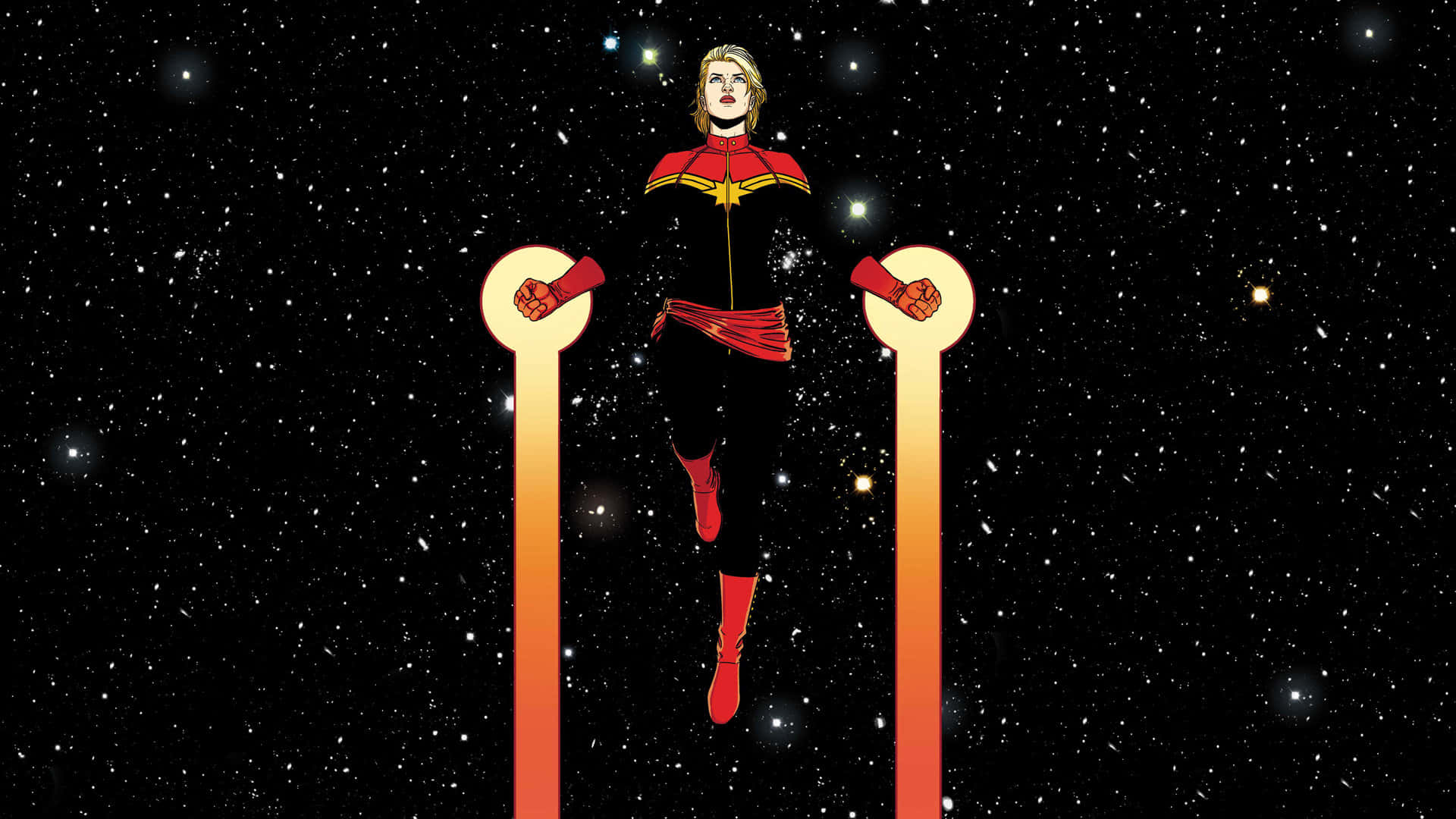 Captain Marvel 在外太空漂浮在發光的柱子之間。