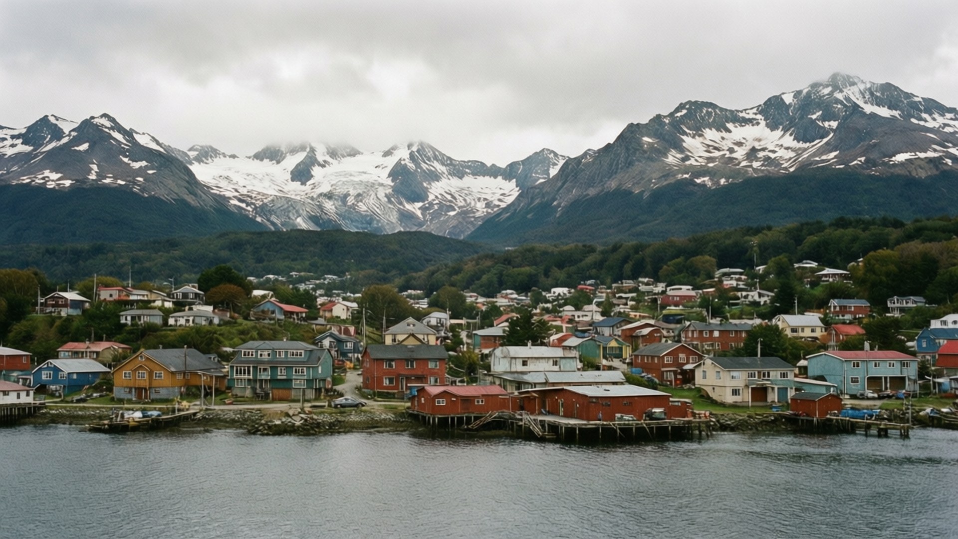 色彩繽紛的房屋沿著海濱排列，背景是白雪覆蓋的山脈。