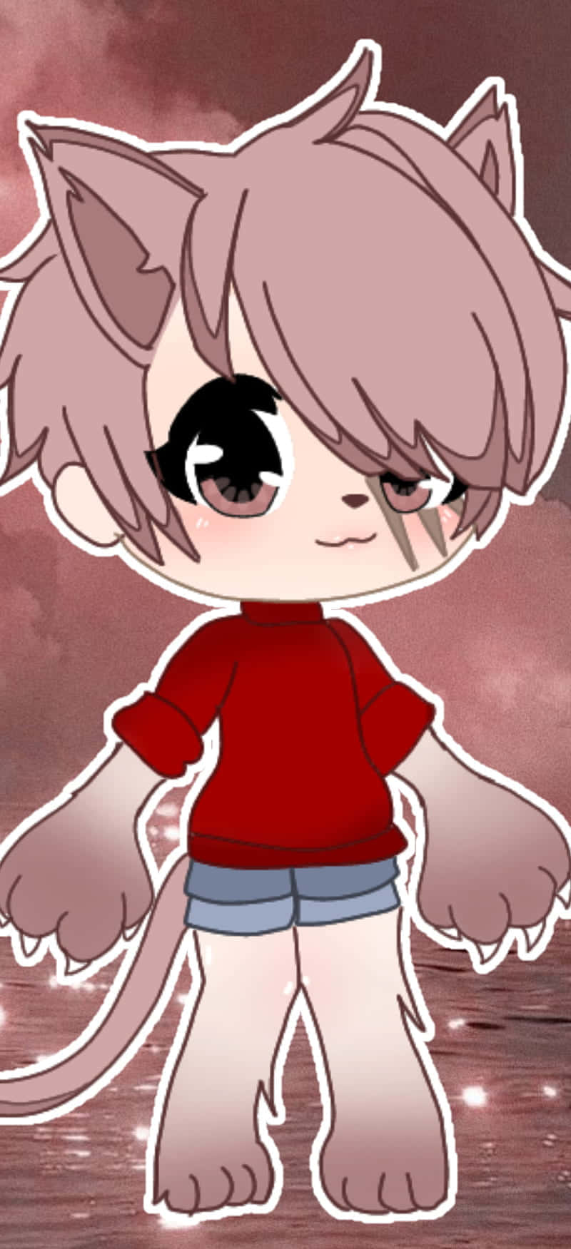 最可愛的Gacha Life男孩 壁紙 — 一隻Q版風格、粉紅色頭髮、穿著紅色襯衫的擬人化貓咪，站在發光的粉紫色天空前。