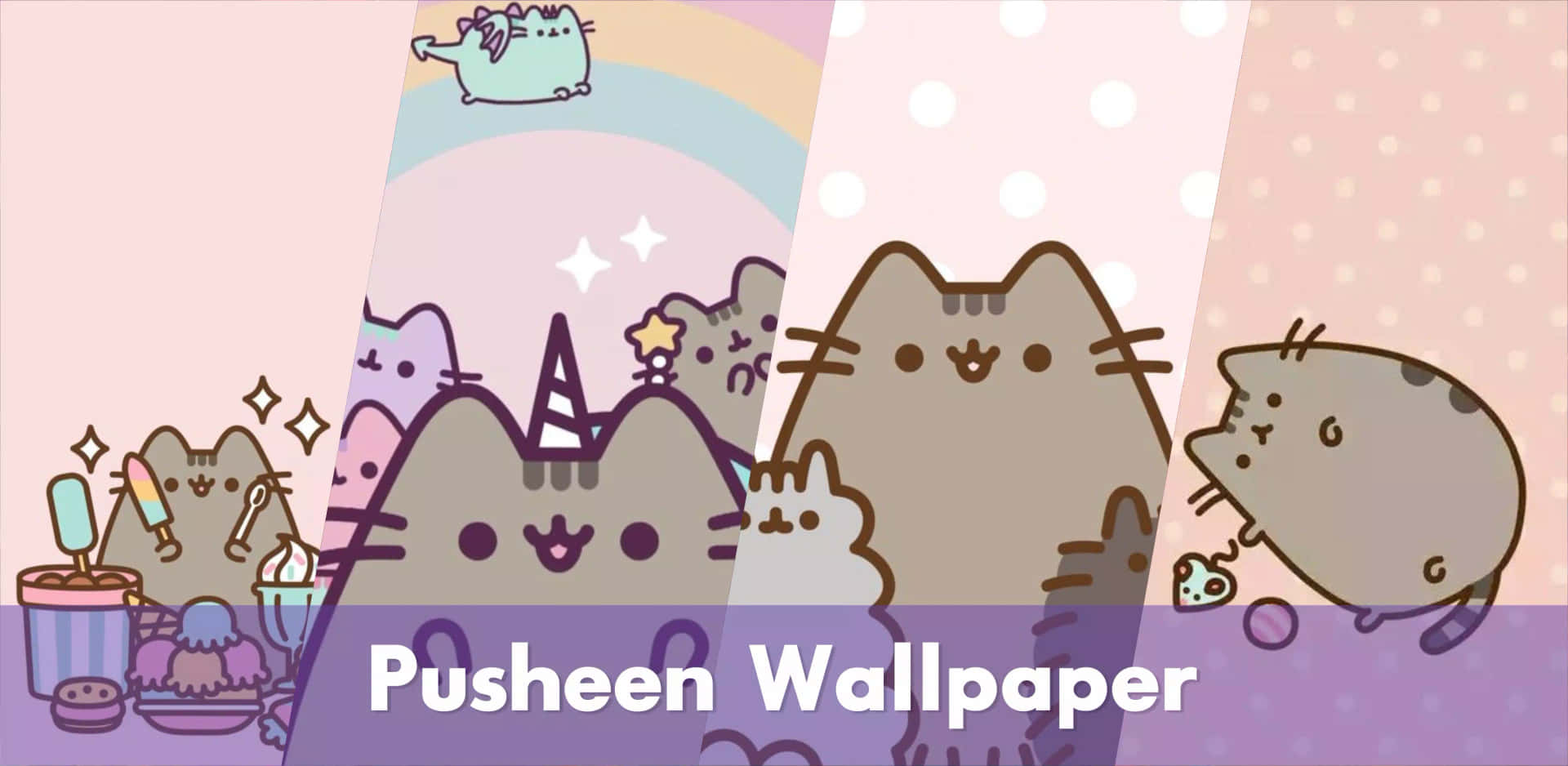 Pusheen貓咪在彩虹下享用雪糕，伴隨閃粉。