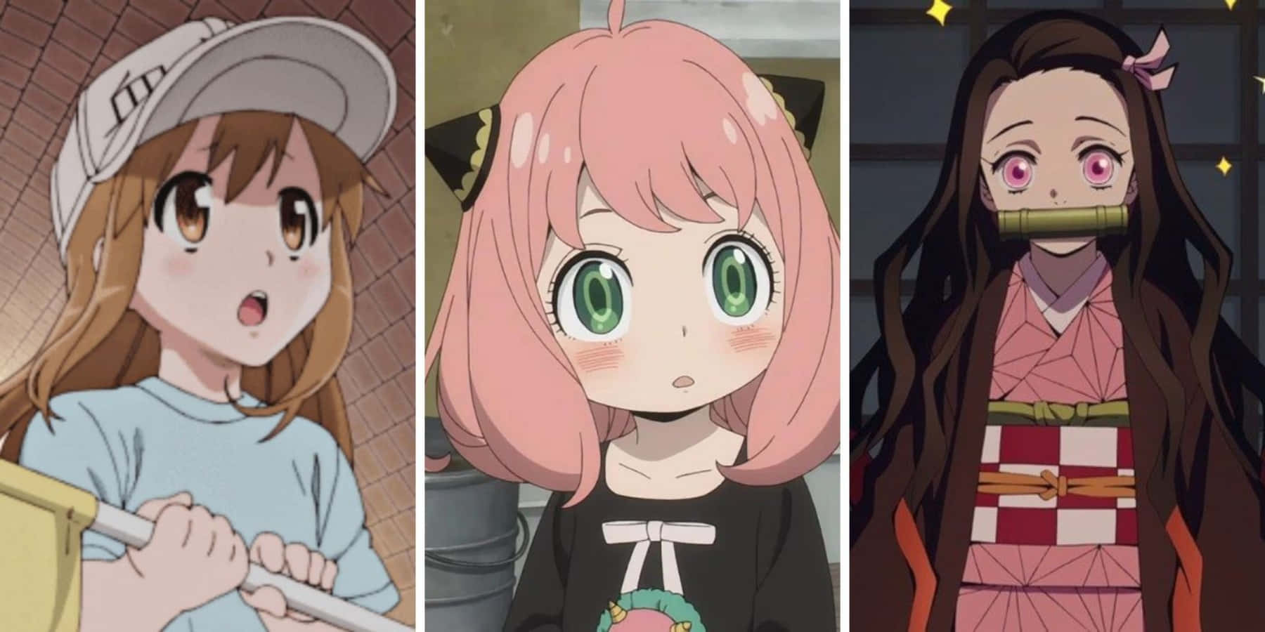 三個動漫女孩，表情和服裝各異，包括竹製口塞和傳統和服。