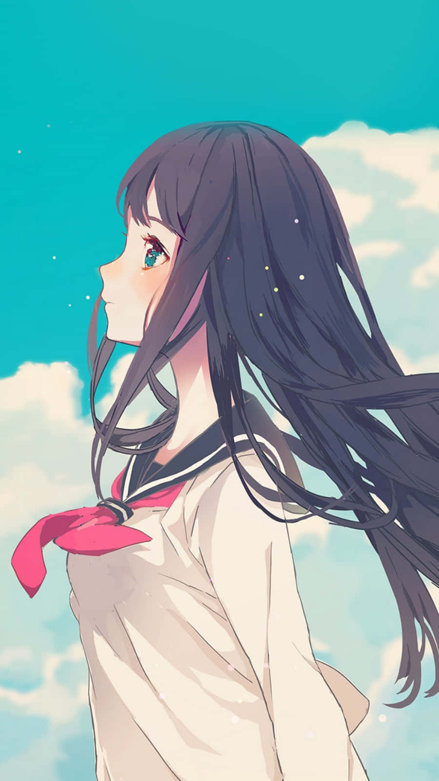 穿著校服的動漫女孩仰望藍天白雲。