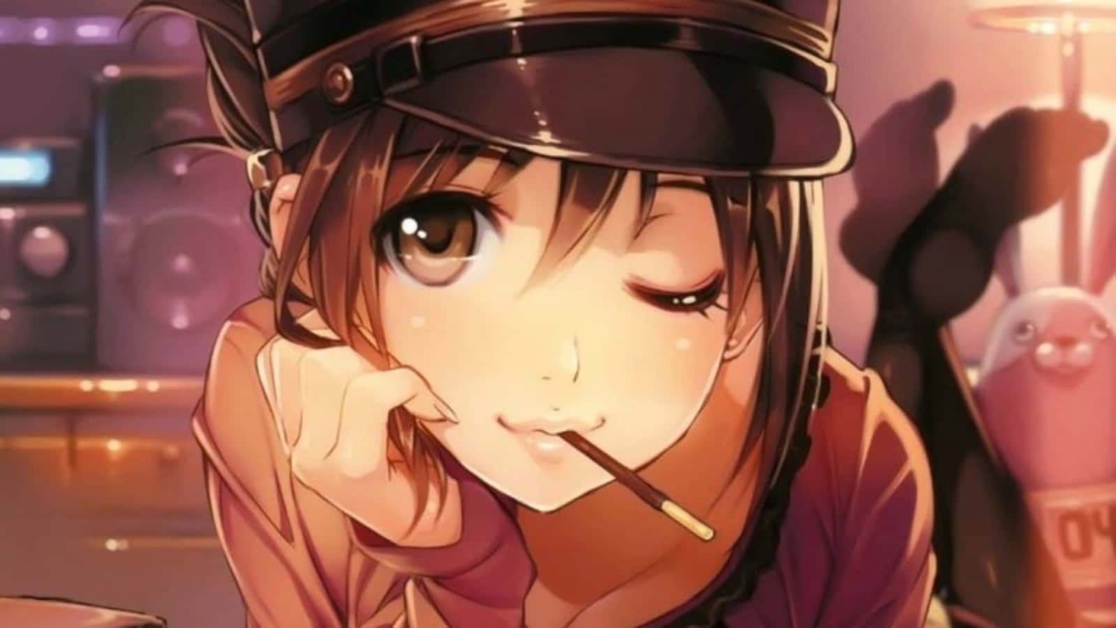 戴帽子的動漫女孩在室內溫暖燈光下抽煙。