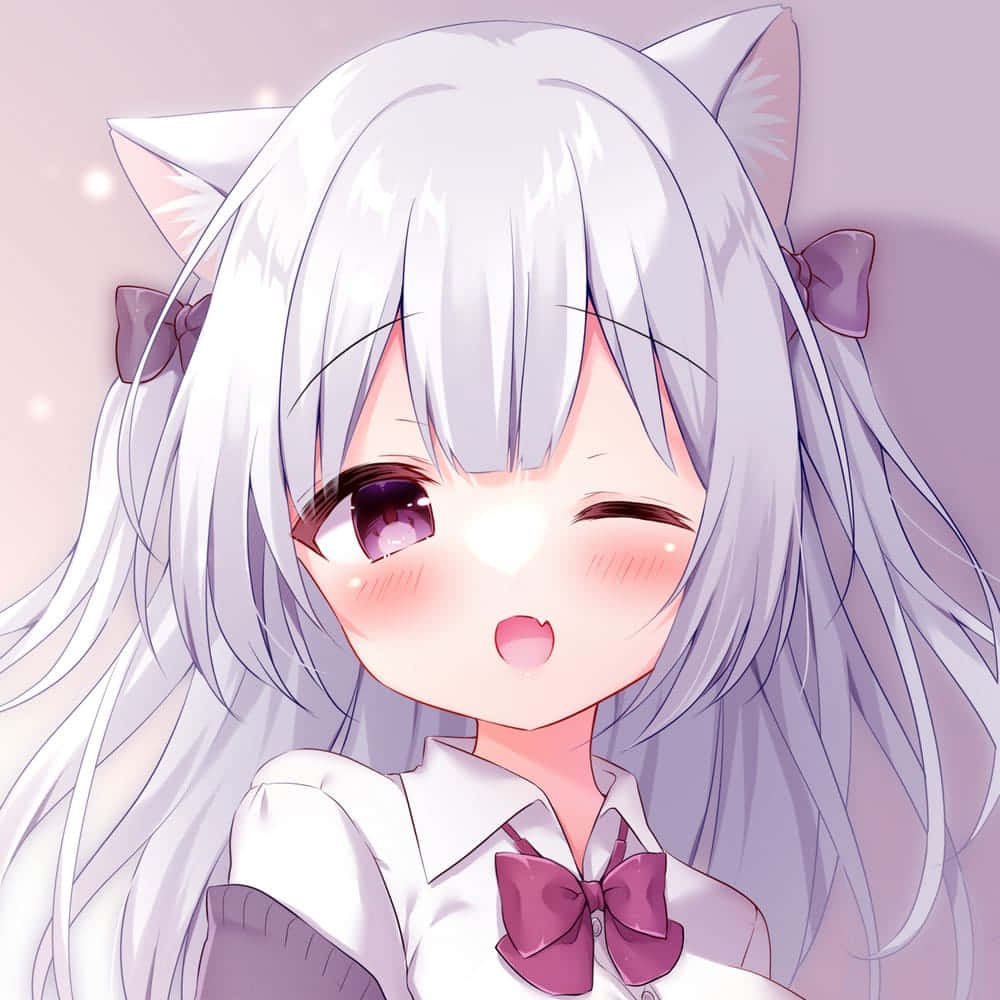 銀色頭髮和貓耳的動漫女孩，帶著開心的表情眨眼。