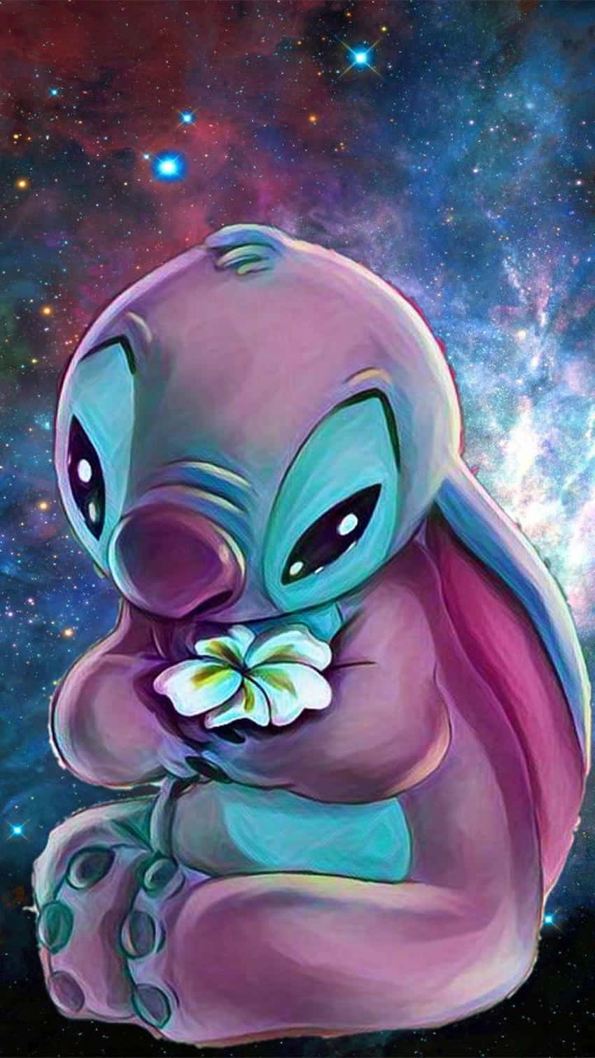 最可愛的史迪奇頭像 壁紙 — 一隻可愛的紫色大眼睛外星人，在充滿活力的宇宙星空背景下拿著一朵白色的花。