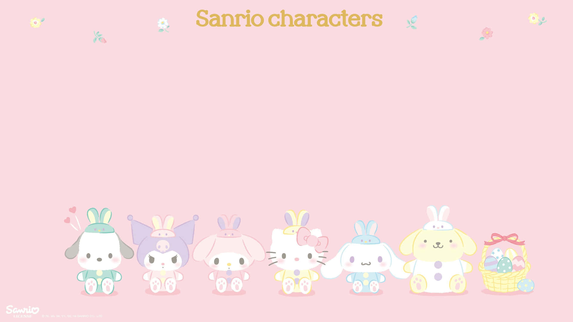 最可愛的小兔My Melody 壁紙 — 六個Sanrio角色穿著粉彩復活節服裝，坐在帶有花卉裝飾的柔和粉紅色背景上排成一排。