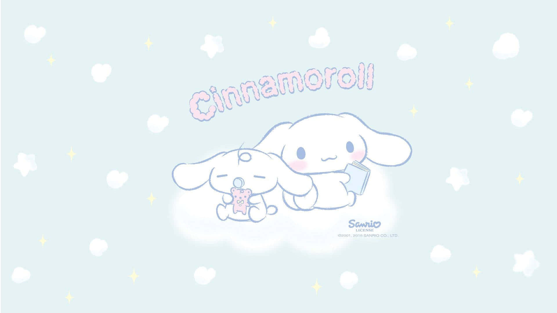 Cinnamoroll和My Melody坐在雲上，帶有星星和心形的粉彩天空。