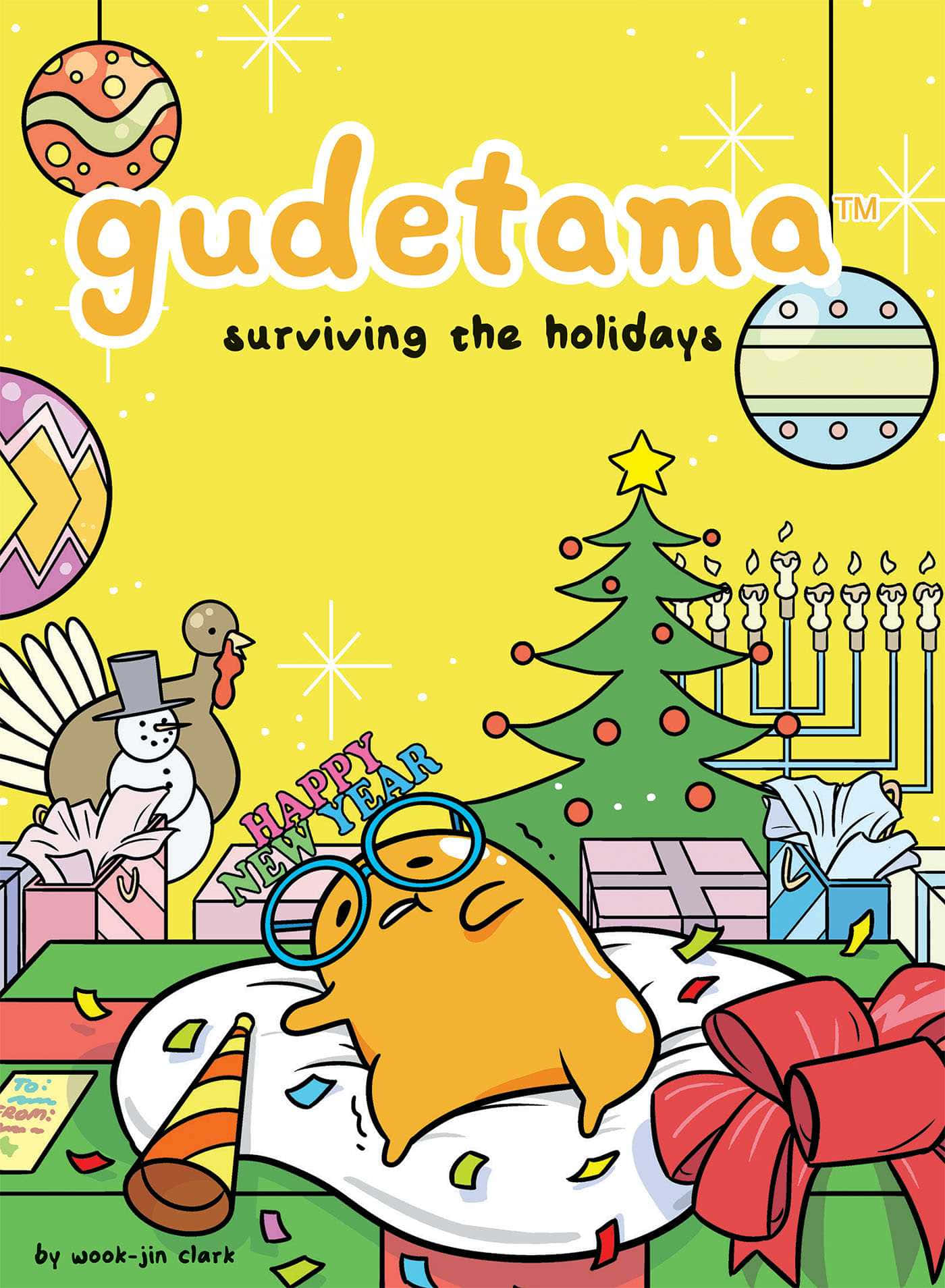 懶惰的雞蛋角色 Gudetama 在聖誕樹、 menorah 和禮物等節日裝飾中休息。