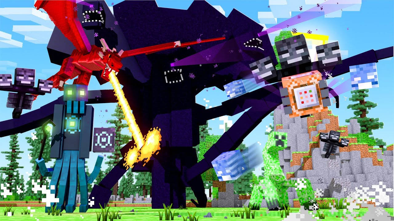最大風暴凋零怪 壁紙 — 像素化的 Minecraft 生物在充滿活力的草地景觀中戰鬥，天空湛藍明亮。