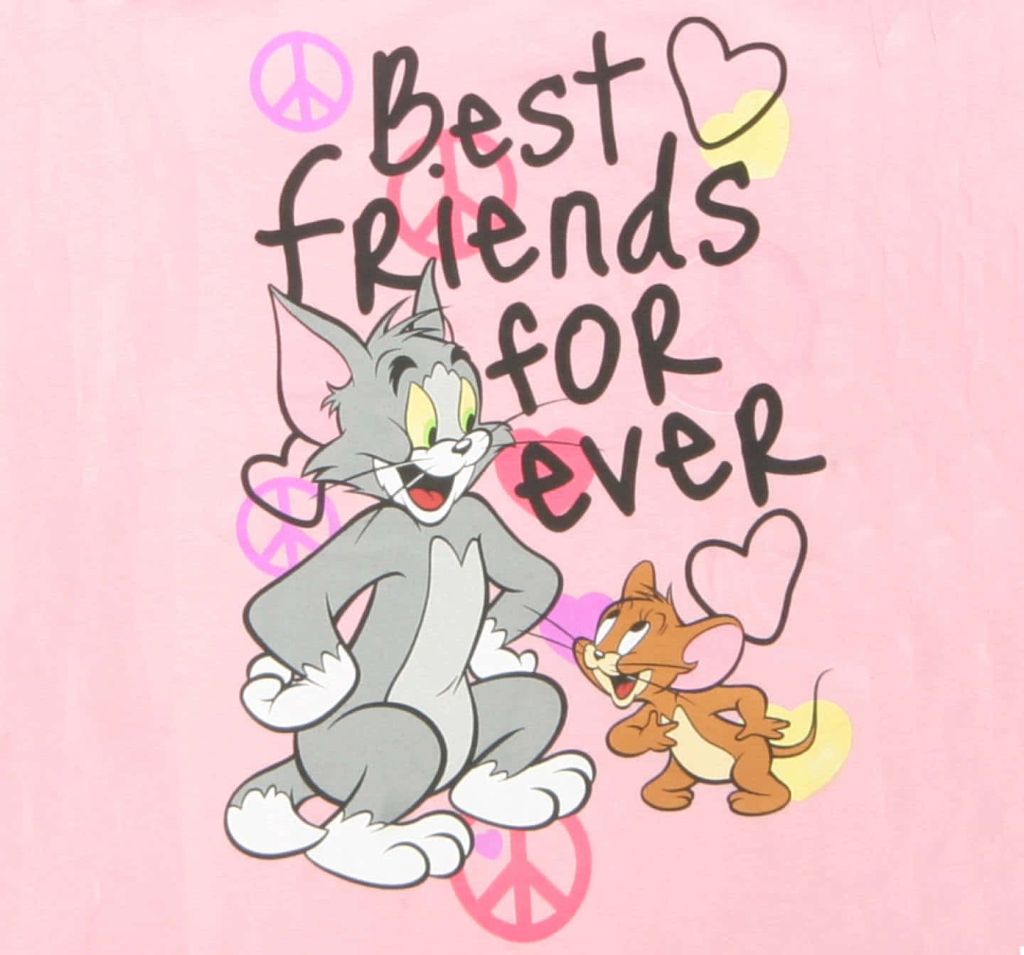 最好的朋友永遠在一起！ 壁紙 — 湯姆和傑瑞在粉紅色背景上，圍繞著「Best Friends for Ever」這句話，愉快地擺出和平手勢和心形姿勢。
