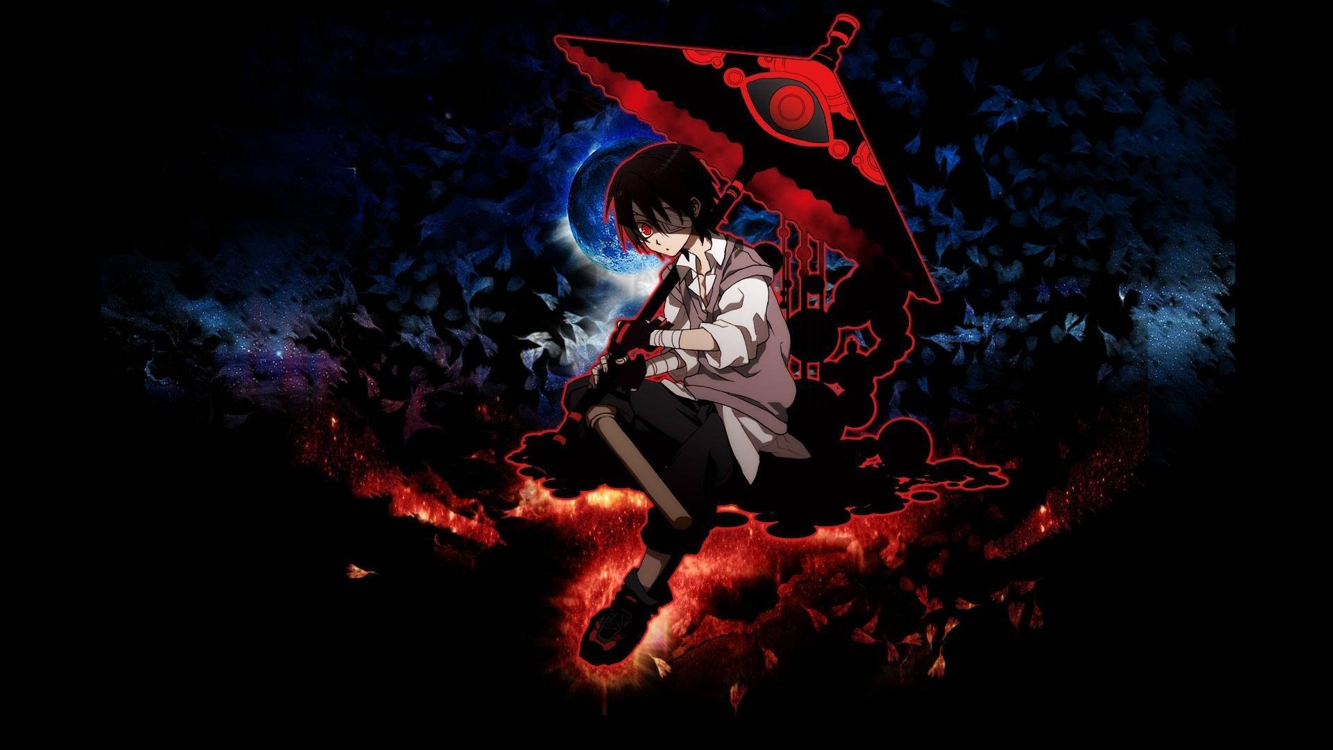 最帥氣的《Btooom!》角色——木下希良 壁紙 — 一個紅眼動漫男孩手持發光紅色劍，背景是深藍色宇宙和火焰地面效果。