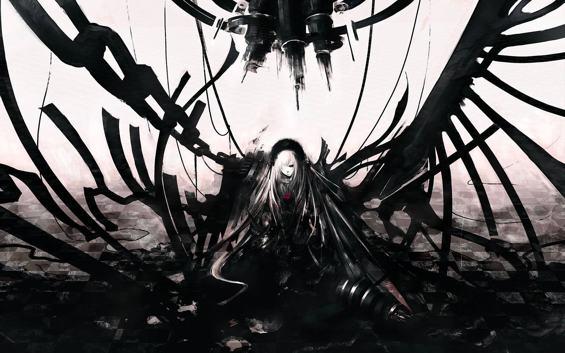 最帥氣的《Rozen Maiden》 壁紙 — 一個蒼白的動漫女孩，長長的白髮，坐在黑暗工業環境中的一個巨大機械翅膀結構下。