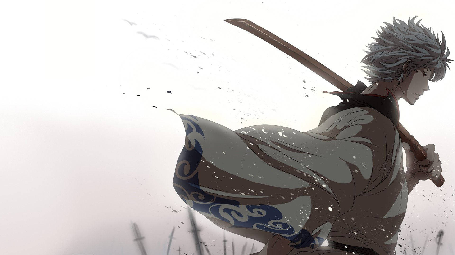 銀髮藍色圖案長袍的動漫武士戰士，手持武士刀，處於動態姿勢。