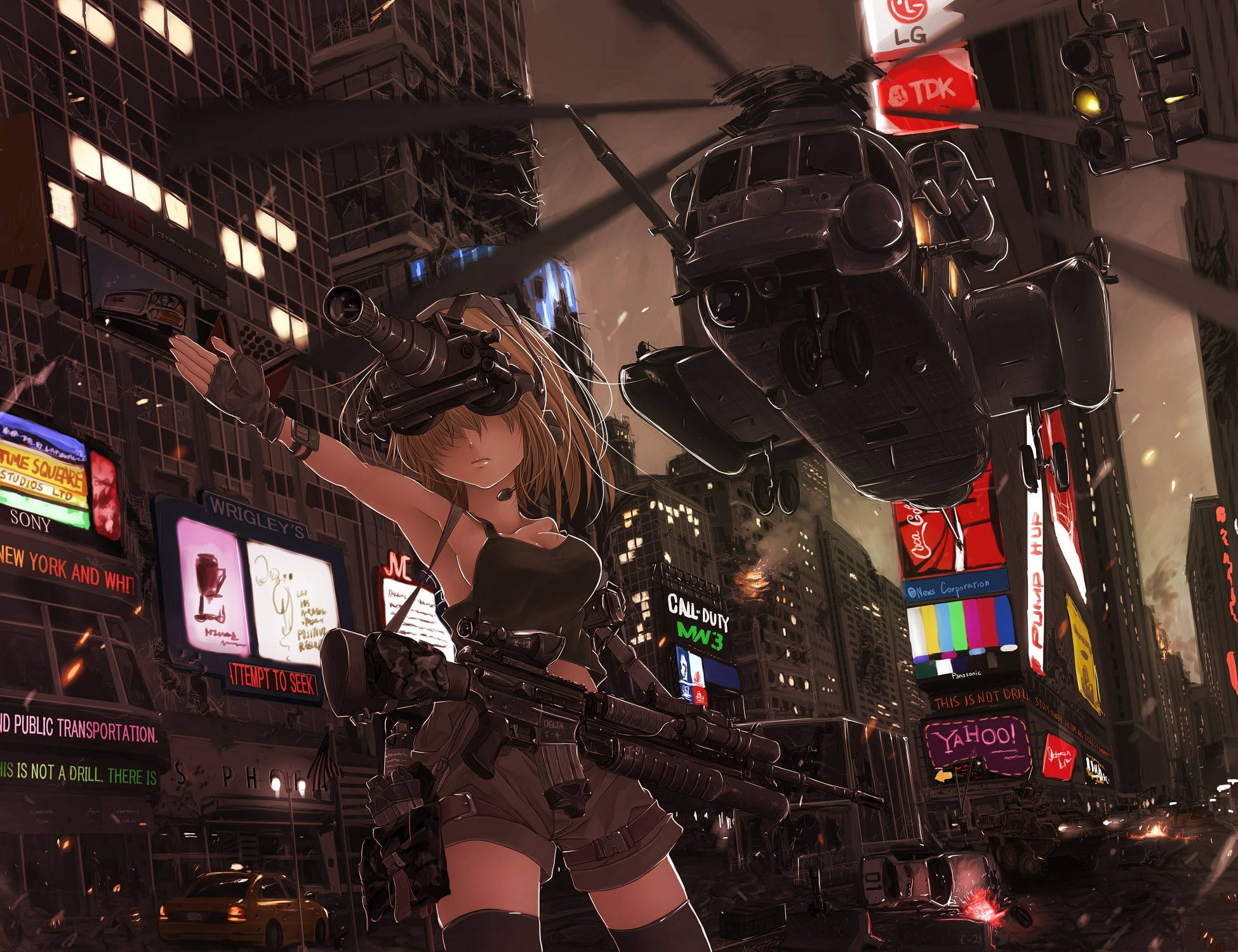 最帥氣的戰鬥少女 壁紙 — 一位女性動漫士兵手持步槍和頭盔，挑釁地站在霓虹燈照亮的城市戰區，一架懸浮機甲在上方威脅著。