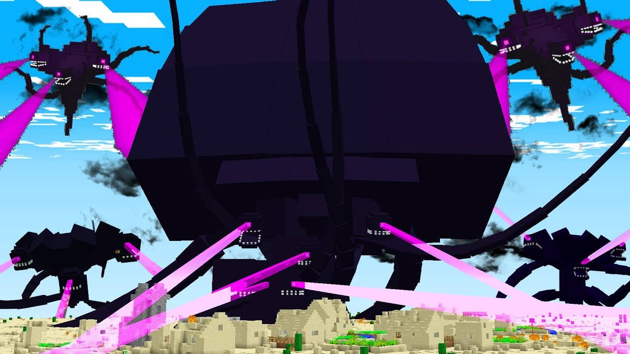 最強風暴凋零怪 壁紙 — 一個像素化的Minecraft場景顯示巨大的黑色蜘蛛在藍天下向沙漠村莊發射粉紅色激光。