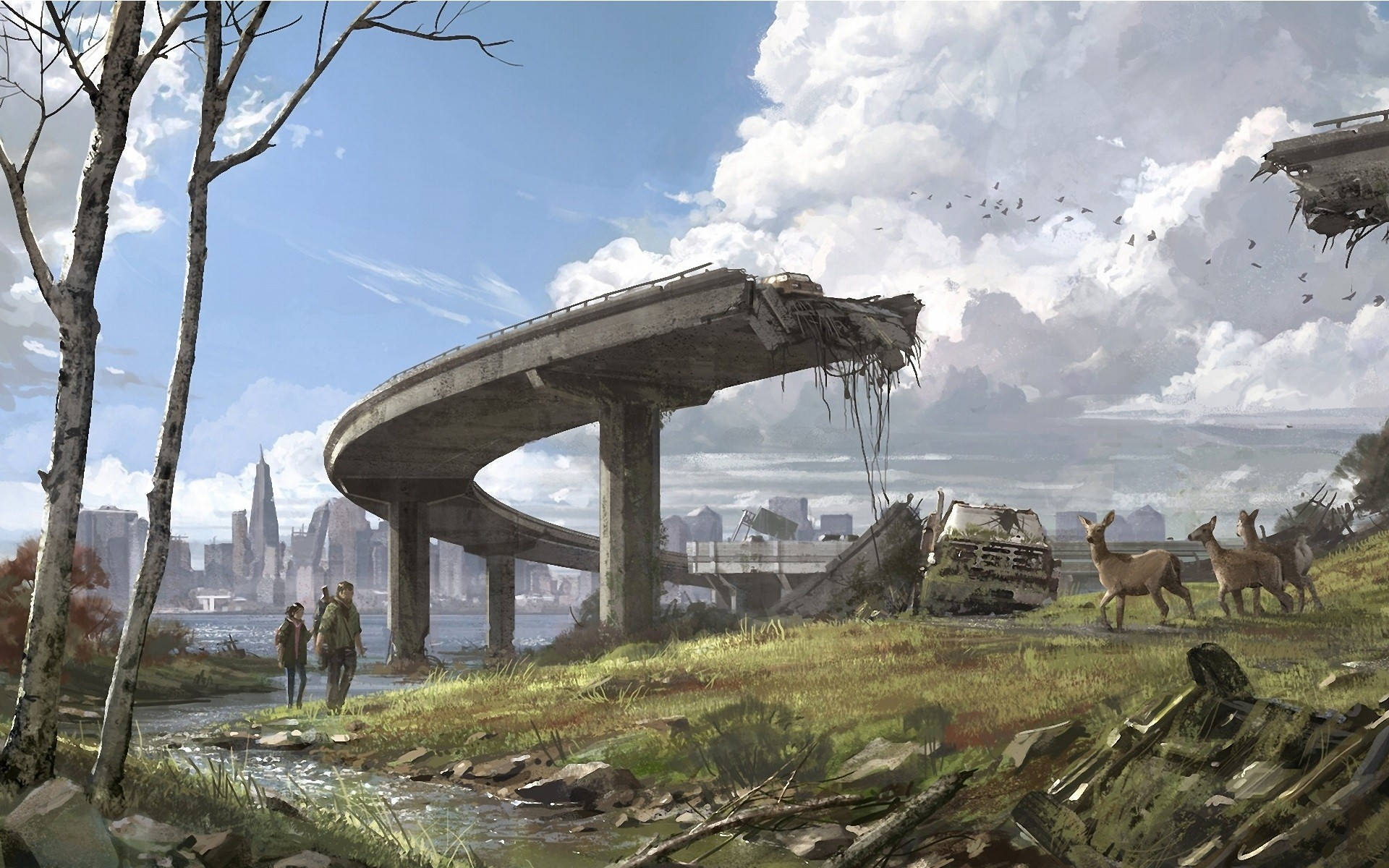 《最後生還者》手機遊戲背景 壁紙 — 兩個人影企喺一條溪流旁邊，旁邊係一條倒塌嘅高速公路天橋，鹿喺草地上食草，遠處有城市天際線，天空多雲。