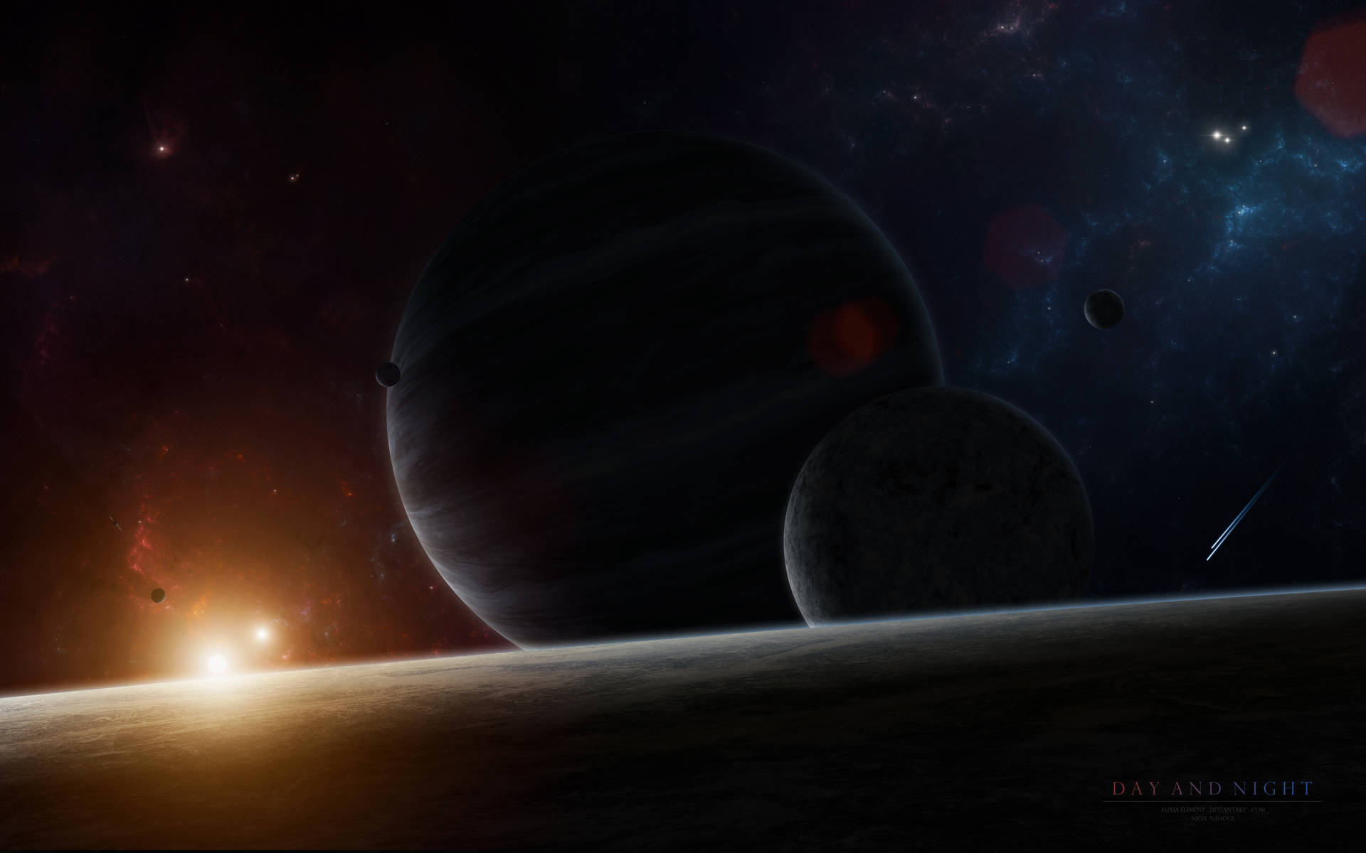 在太空中，外星行星上有衛星和發光星雲的日出。