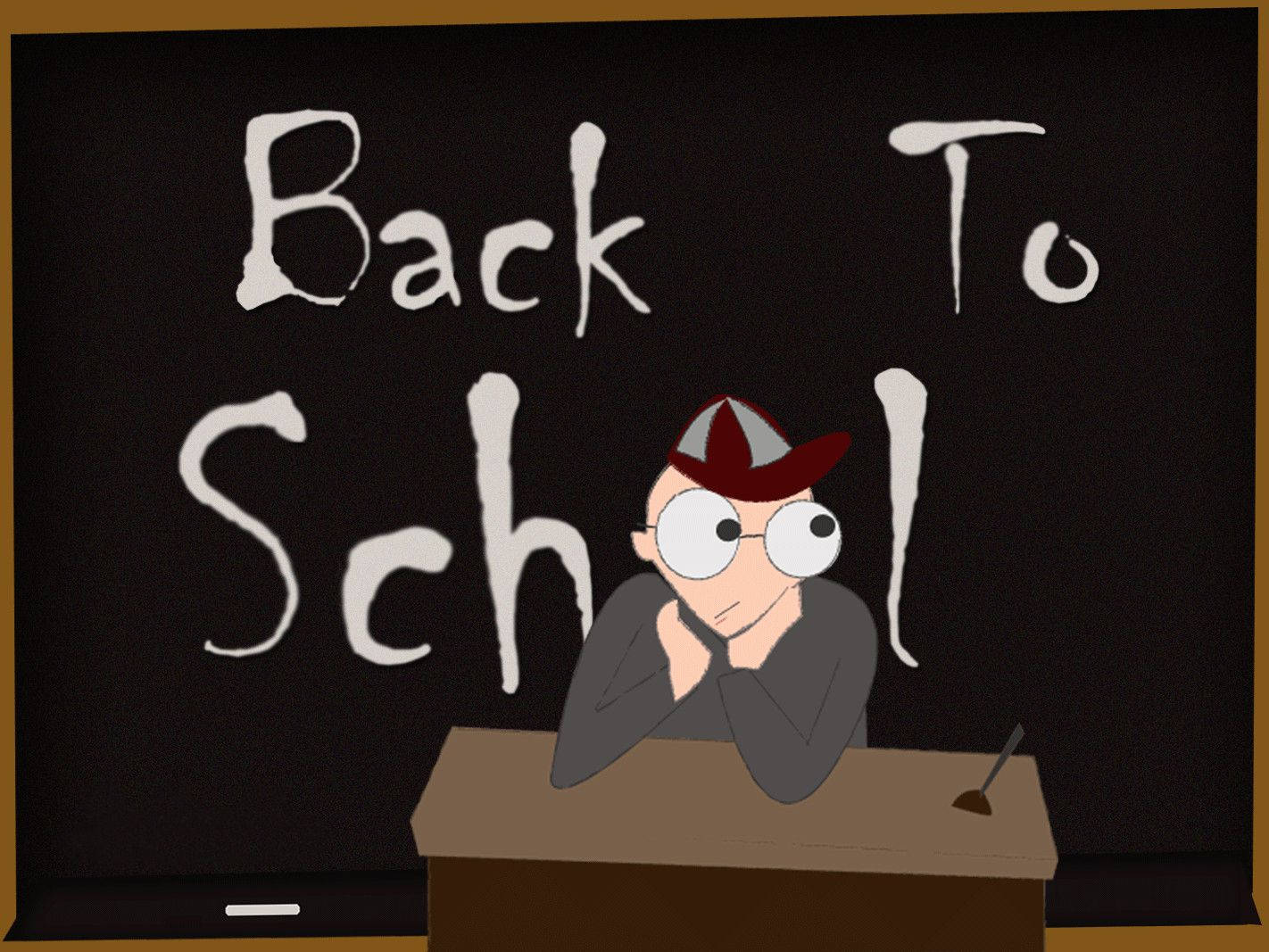 戴眼鏡和帽子的卡通學生坐在書桌前，前面有『Back To School』黑板。
