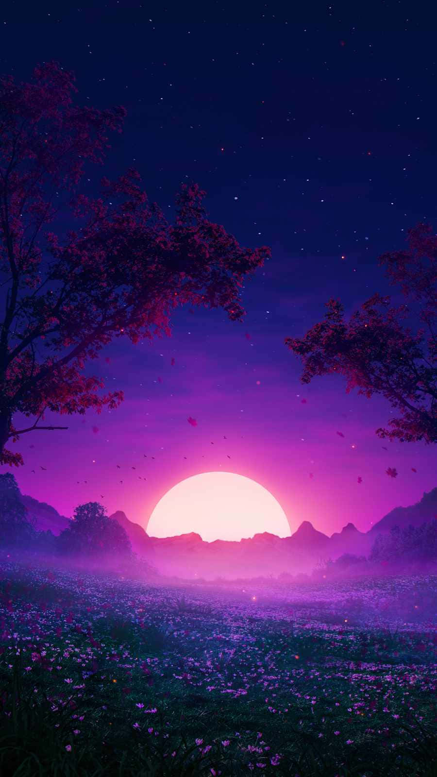 發光月亮下的紫色花田，山巒與星辰