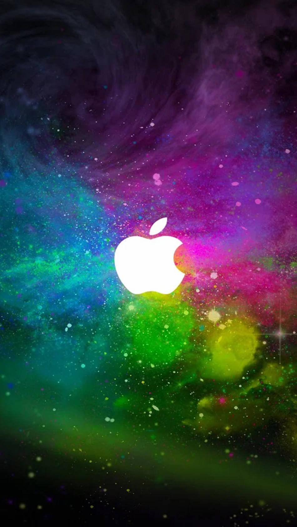 Apple標誌位於色彩繽紛的宇宙星雲中央，帶有旋轉的星場。