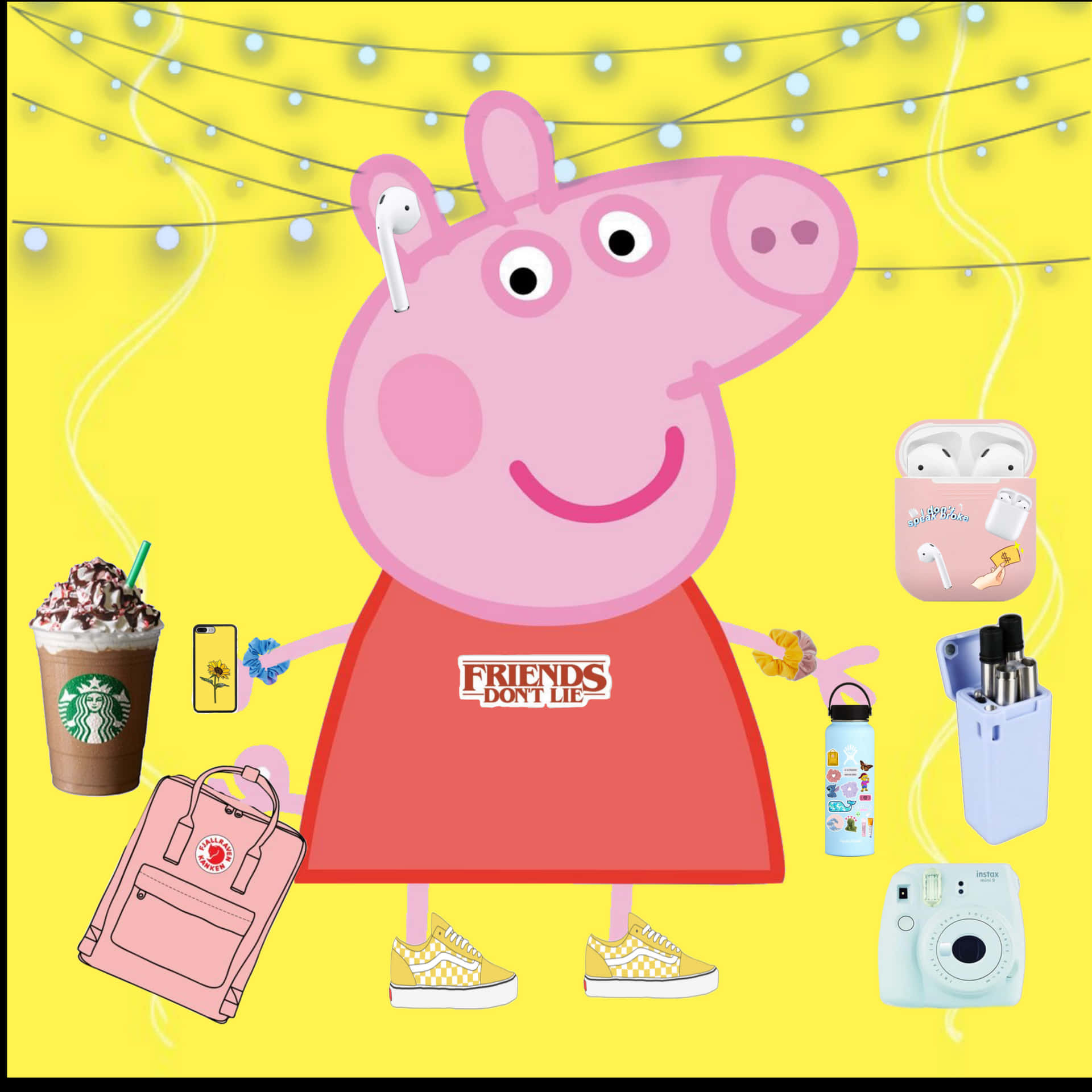 Peppa Pig 拎住時尚物品，例如背囊電話同咖啡，喺黃色燈串背景前。