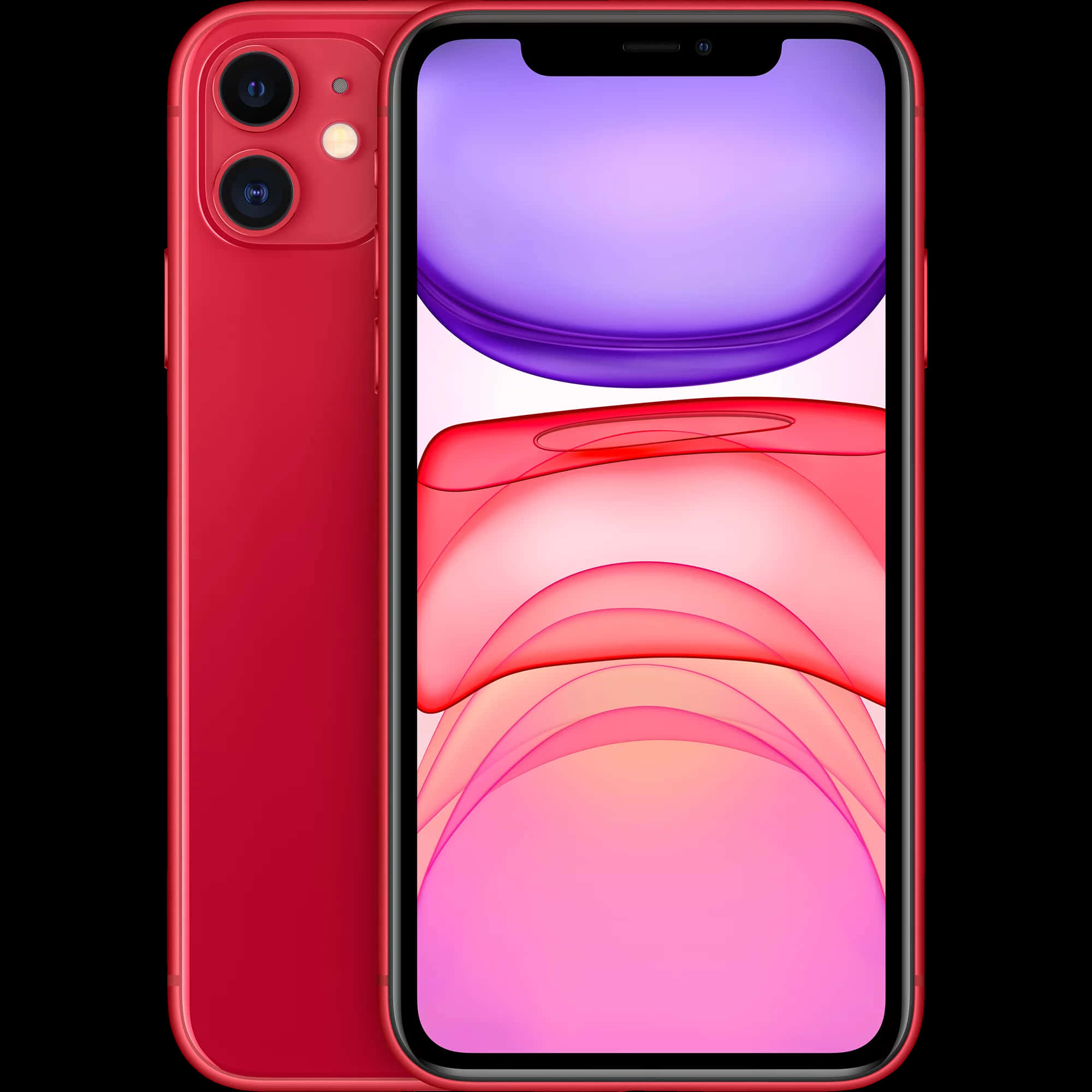 最新Apple手機 壁紙 — 一部充滿活力的紅色 iPhone 11 在黑色背景前展示正面和背面，屏幕上顯示色彩繽紛的抽象壁紙。