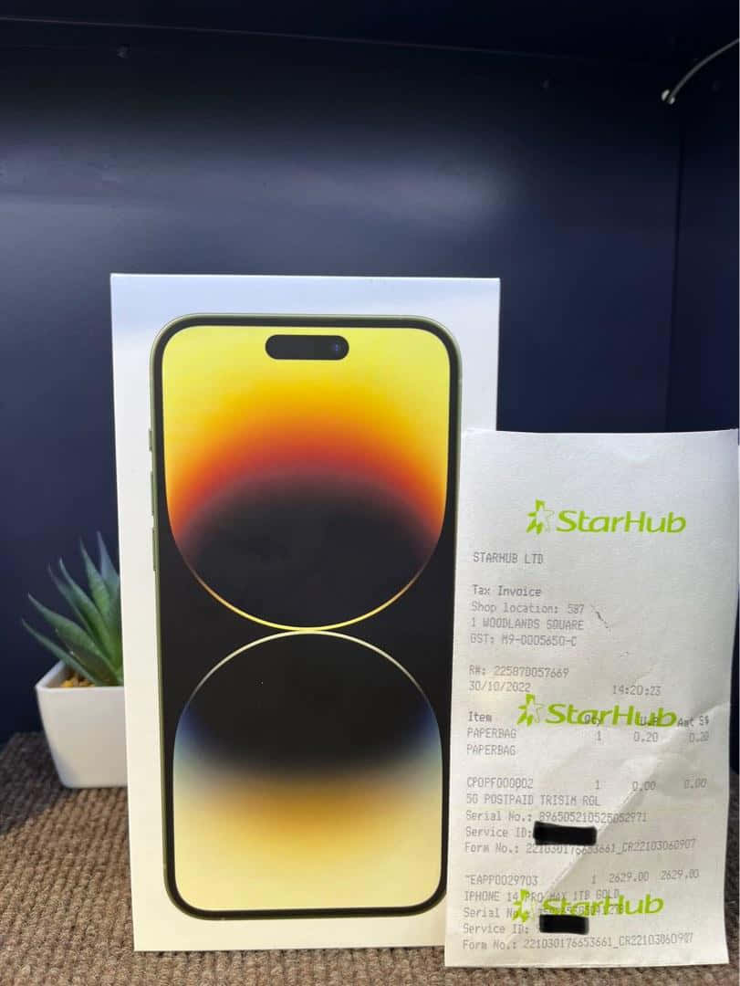 帶漸變壁紙的iPhone盒，旁邊有StarHub收據和盆栽多肉植物。