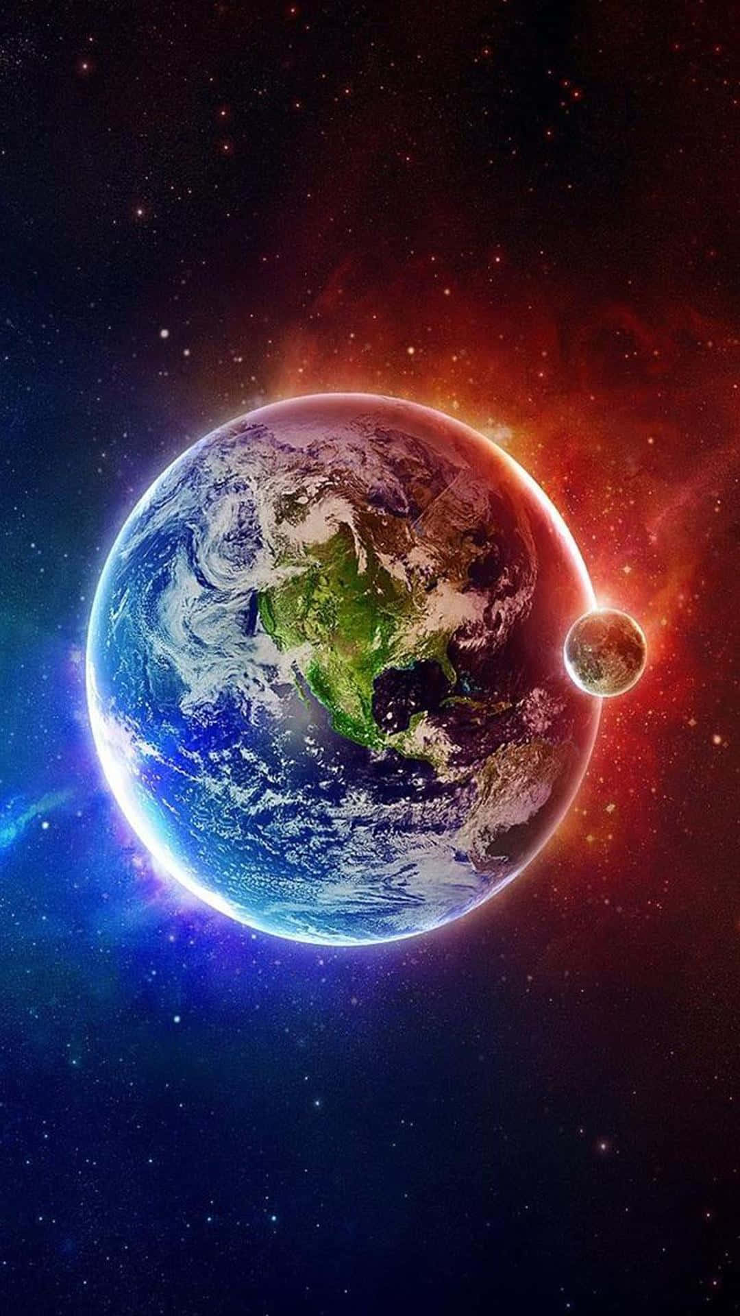 太空中的地球，被恆星和發光的星雲環繞，還有一顆小月亮。