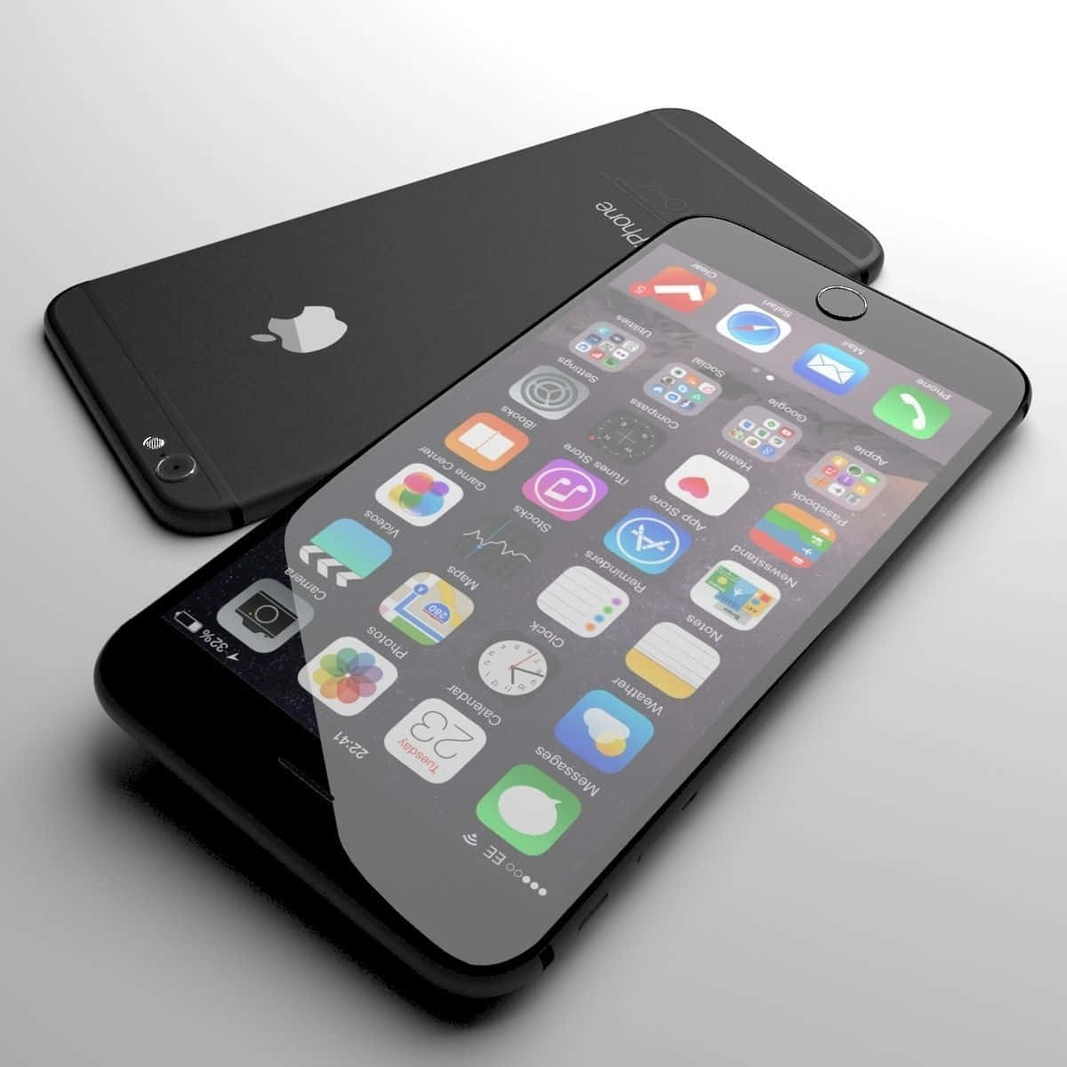 最新最強的 Apple iPhone 壁紙 — 兩部時尚黑色iPhone，一部傾斜顯示主屏幕應用程式，另一部顯示背面帶有Apple標誌，置於簡約灰色表面上。