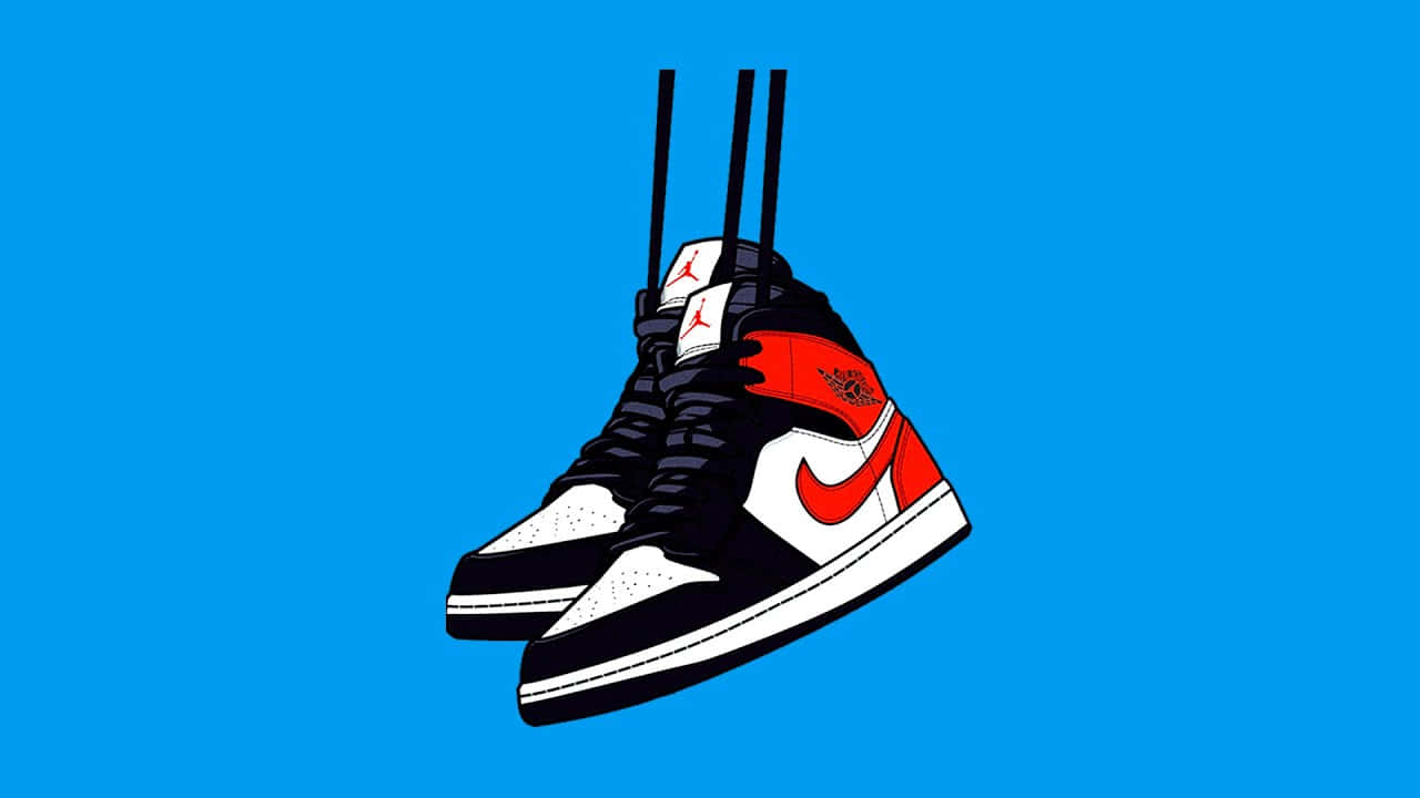 黑、白、紅色的 Air Jordan 1 運動鞋懸掛在藍色背景上。