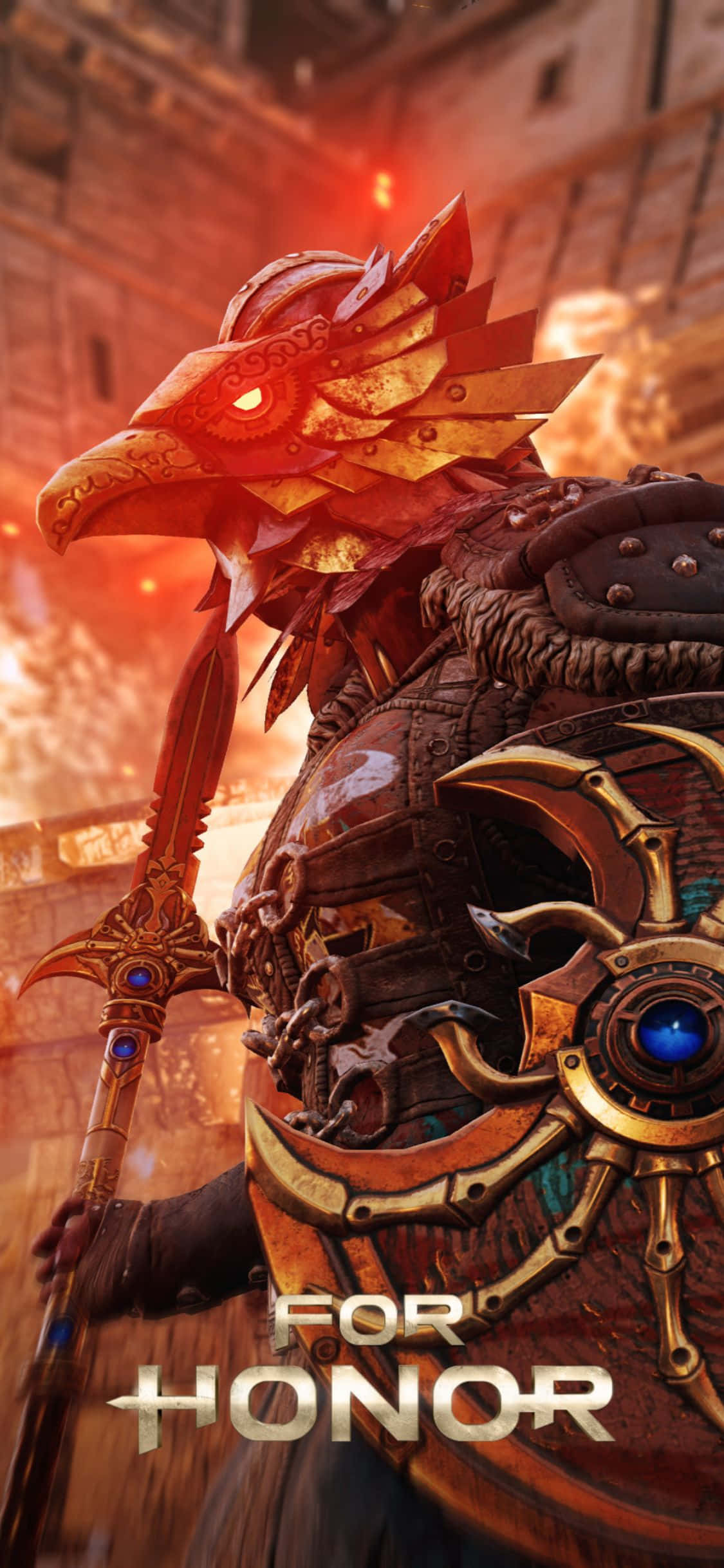 最新發表 — iPhone Xs For Honor 壁紙 — 一名身穿華麗金色盔甲、戴著鳥頭頭盔的戰士，在熾熱的城市背景下揮舞著發光的劍。