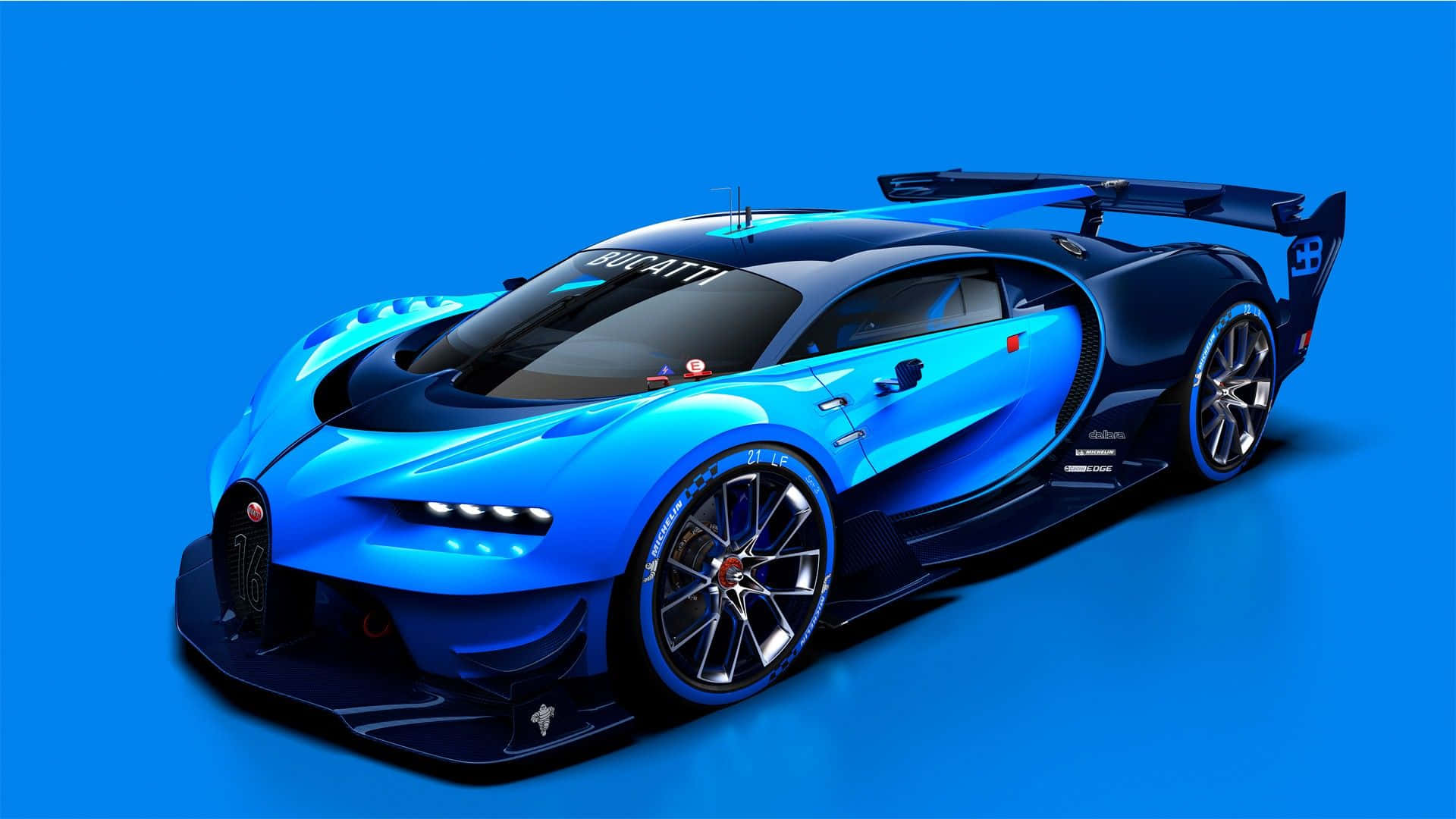 一輛藍黑相間的 Bugatti 超級跑車，採用空氣動力學設計，背景為藍色。