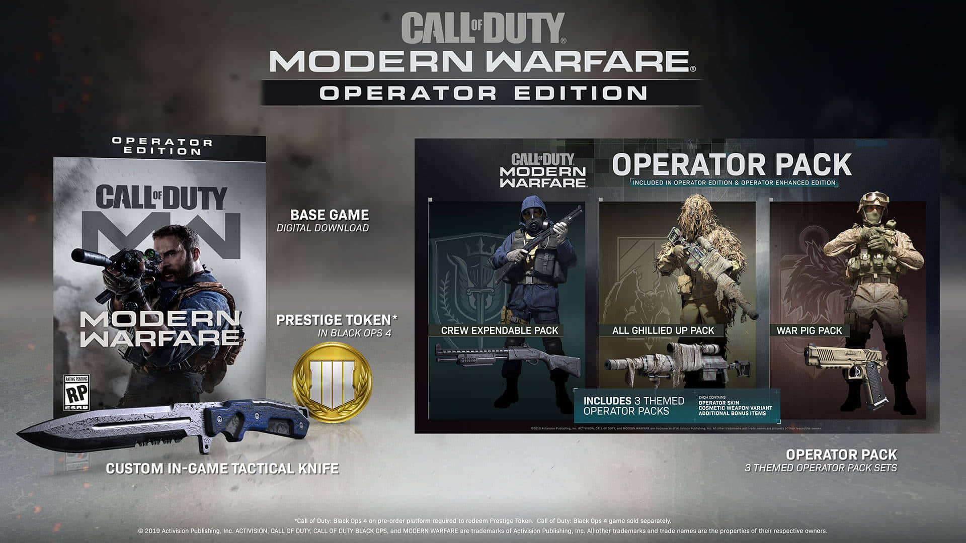 最棒的《決勝時刻：黑色行動4》體驗 壁紙 — 《Call of Duty Modern Warfare Operator Edition》的宣傳藝術作品，展示遊戲封面、特戰兵組合包和一把自訂戰術刀。